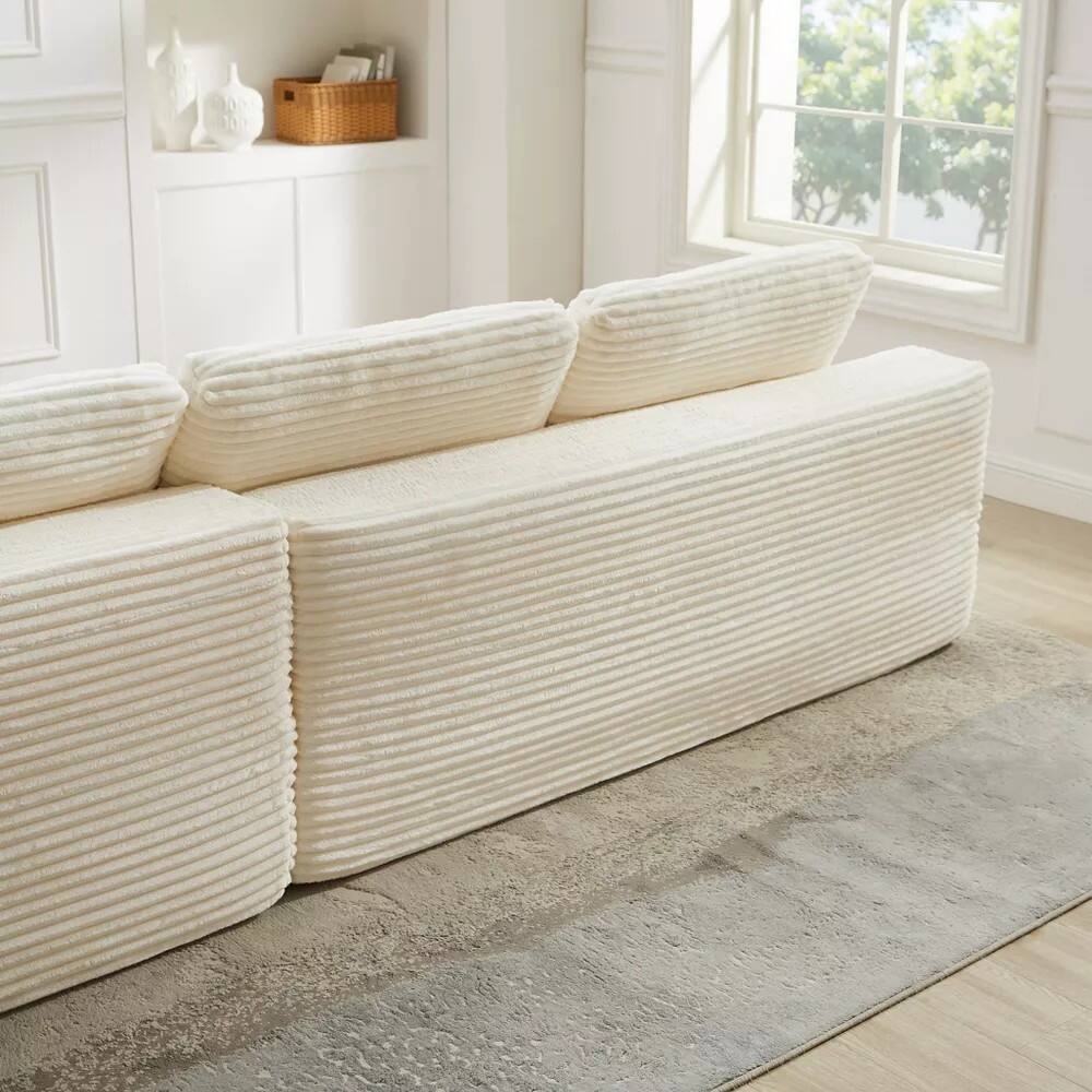 Alt View 7. Meqiodas - 109'' Modern Boneless Sofa Couch, Corduroy Modular Sectional Sofa With L-Shape Chaise, No Assembly Required - White.