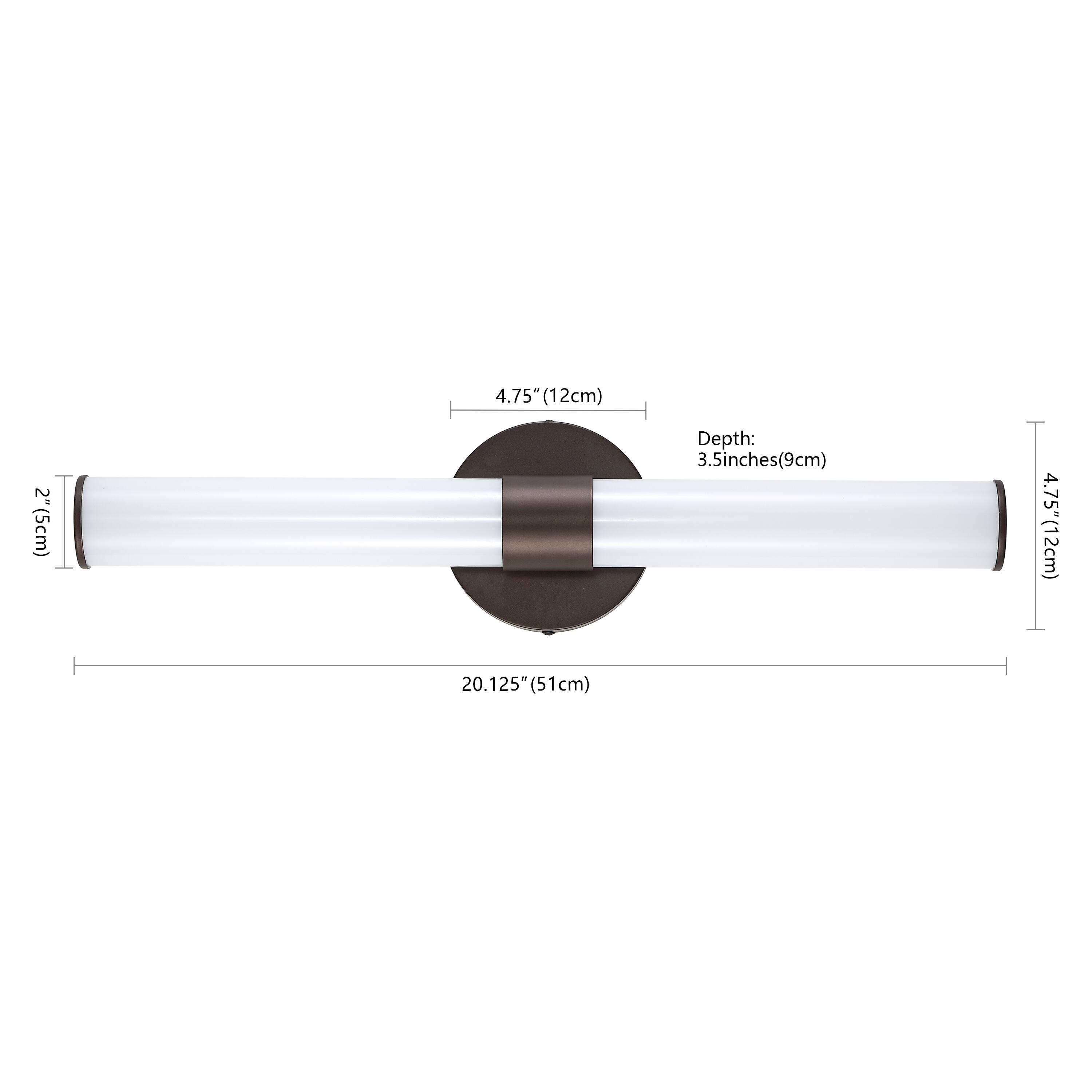 4.75" (12cm)  
2" (5cm)  
Depth: 3.5 inches (9cm)  
20.125" (51cm)