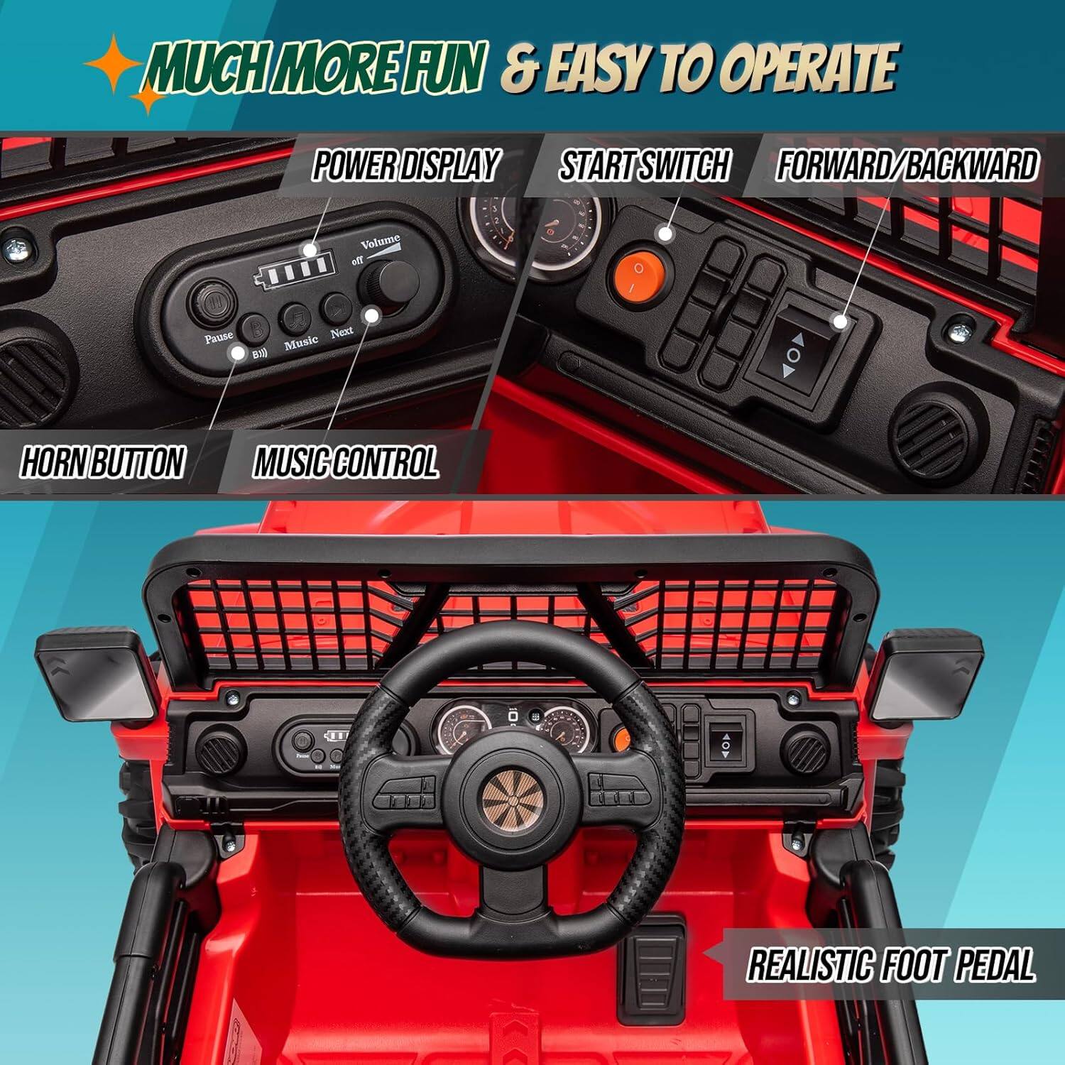 MUCH MORE FUN & EASY TO OPERATE

- POWER DISPLAY
- START SWITCH
- FORWARD/BACKWARD
- HORN BUTTON
- MUSIC CONTROL
- REALISTIC FOOT PEDAL