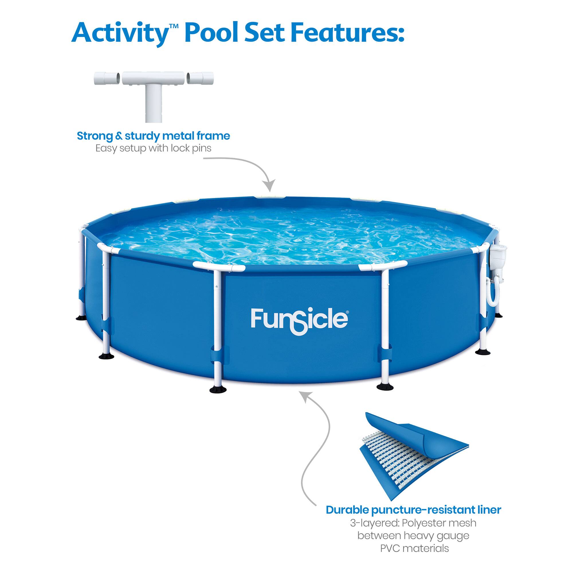 Activity™ Pool Set Features:

- Strong & sturdy metal frame
  - Easy setup with lock pins

- Durable puncture-resistant liner
  - 3-layered: Polyester mesh between heavy gauge PVC materials