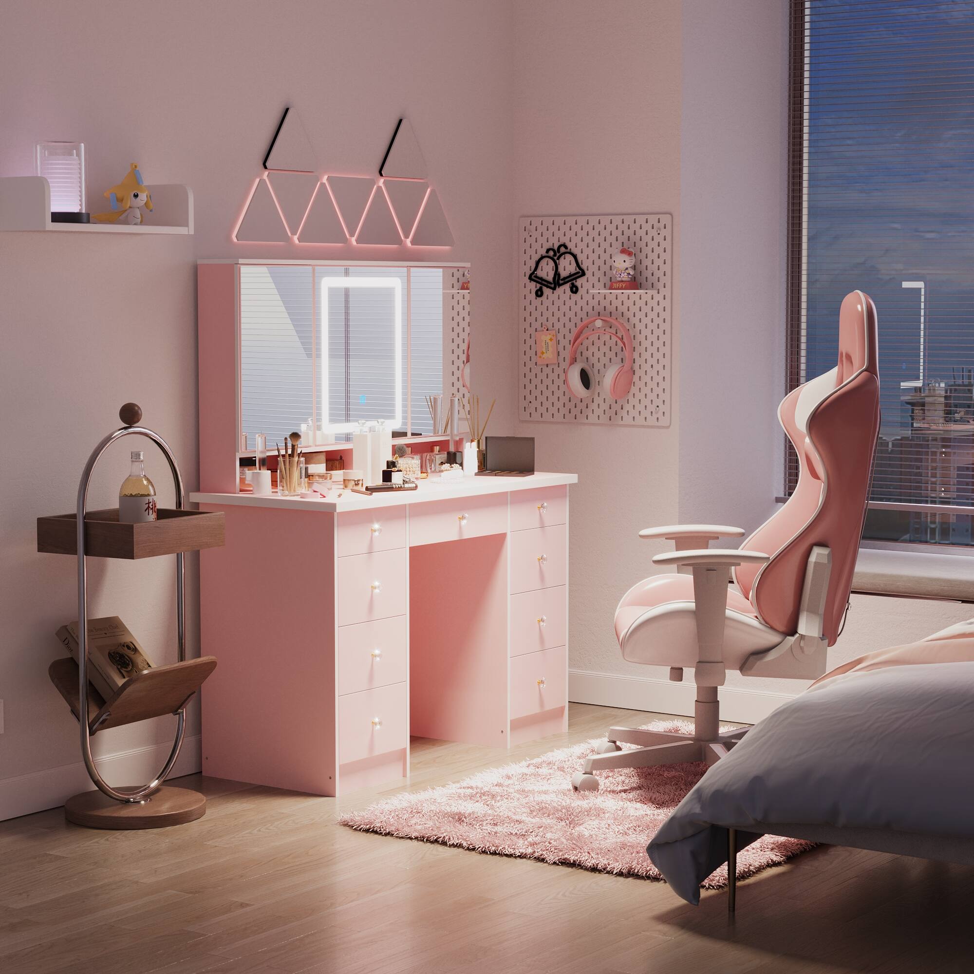 Alt View 6. Famapy - Princess - Style Smart Vanity Table with Lighted Mirror - Your Ideal Makeup Station - Pink.