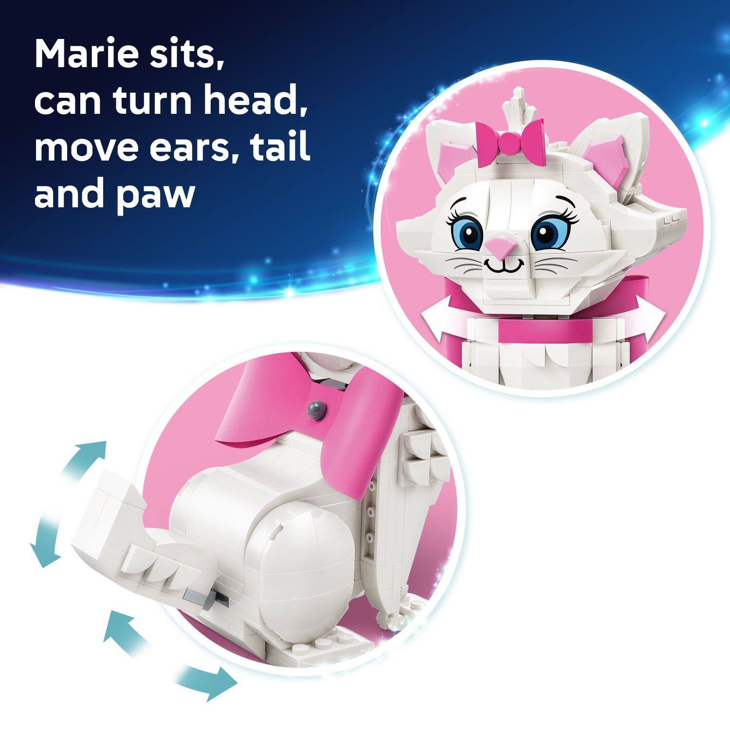 Marie sits, can turn head, move ears, tail and paw