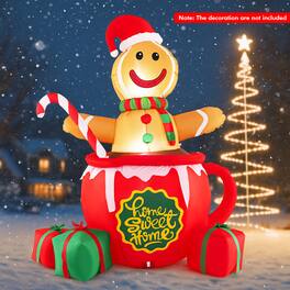 BreeBe - 7FT Lighted Inflatable Gingerbread Man in Hot Cocoa Mug Christmas Decoration with Built-In LED Lights and Gift Boxes - Multicolor