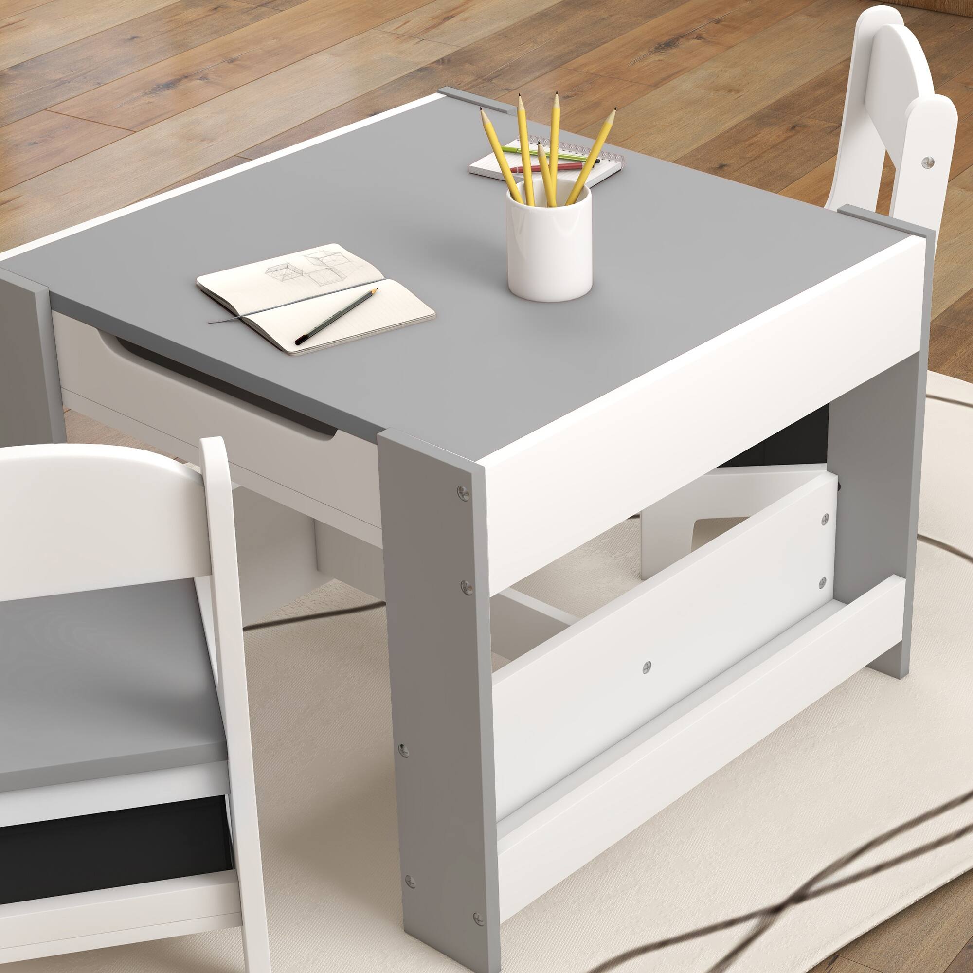 Alt View 5. Qaba - 3 Piece Kids Table and Chair Set, 3 in 1 Toddler Wooden Activity Table with Reversible Tabletop Blackboard, Storage - Gray.