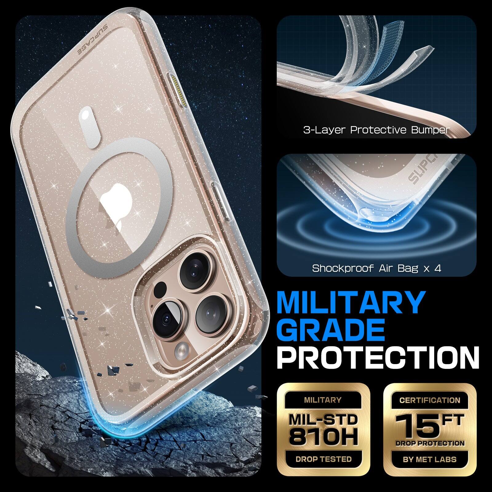 SUPCASE 3-Layer Protective Bumper SUPO Shockproof Air Bag x 4 MILITARY GRADE PROTECTION MIL-STD 810H DROP TESTED CERTIFICATION 15 FT DROP PROTECTION BY MET LABS