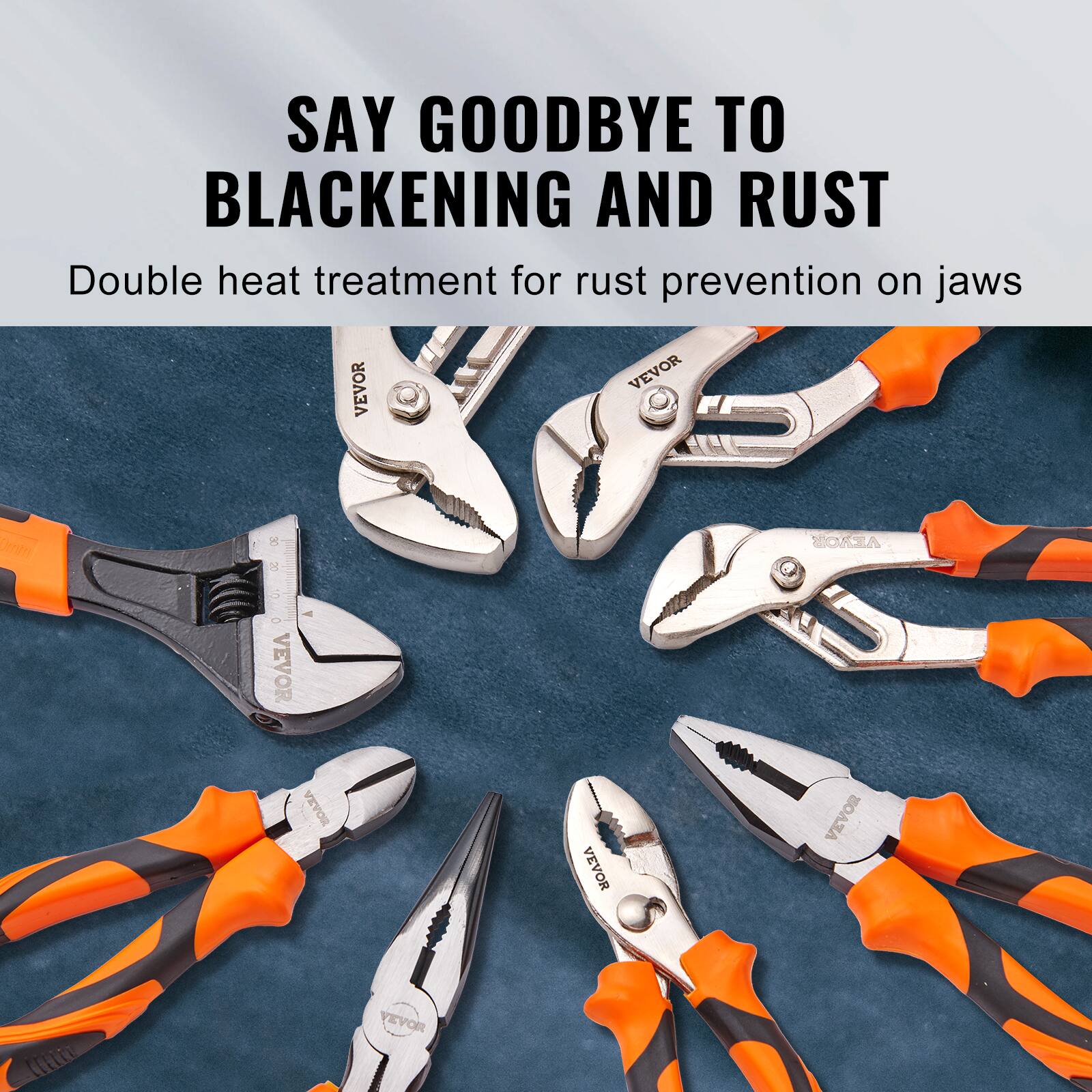 SAY GOODBYE TO BLACKENING AND RUST

Double heat treatment for rust prevention on jaws

VEVOR