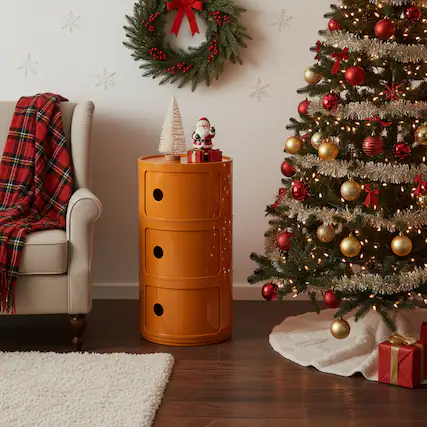 Front. VIVZONE - Round 3-Layer Nightstand Storage Cabinet - Orange.