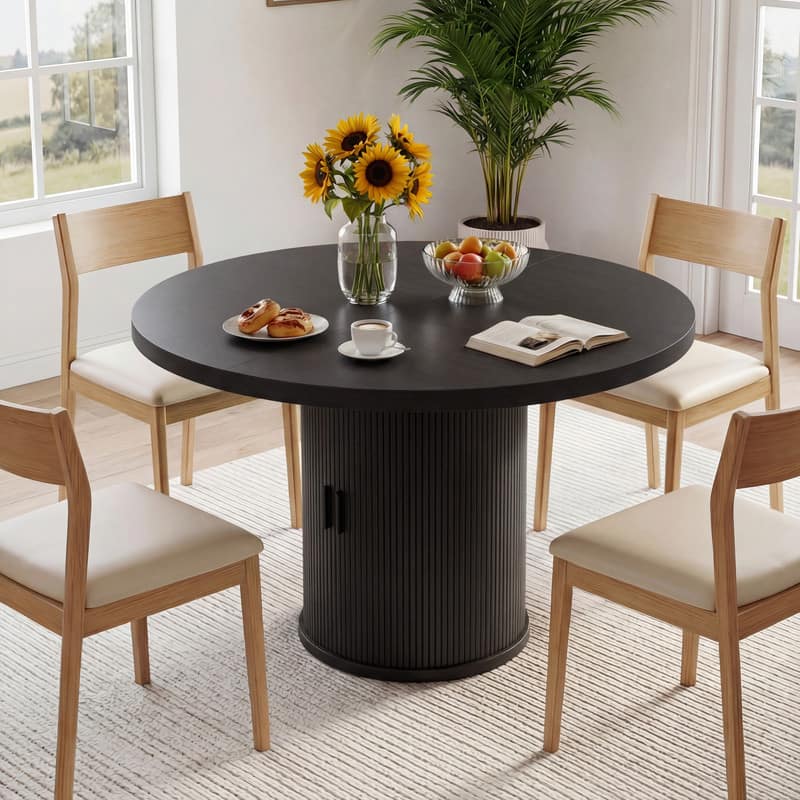 Dyonery - 35.43-inch Round Wood Dining Table, Grooved Kitchen Dining Table, Round Dining Table with Storage Base, Round - Black