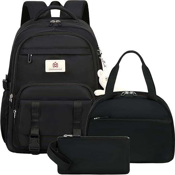 Front. Vulpecula Spade - Hidds School Backpack for Teens Girls Women 3 PCS Kids Bookbag - Black.