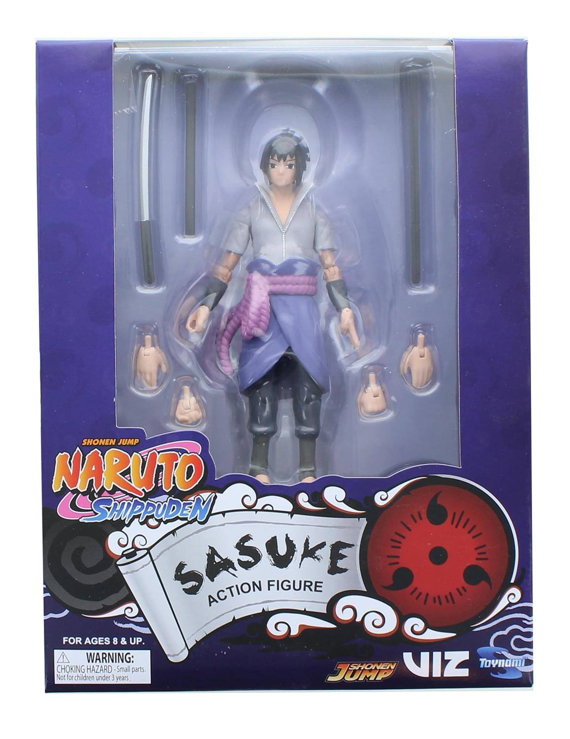 SHONEN JUMP NARUTO SHIPPUDEN SASUKE ACTION FIGURE FOR AGES 8 & UP. WARNING: TOYnami CHOKING HAZARD for children under 3 Smal parts JUPP SHONEN VIZ years