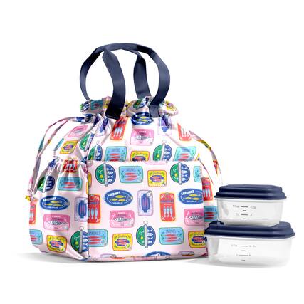 Front. Live At Space - Cromwell Drawstring Lunch Bag For Women Complete Set With 2 Containers Stain resistant Leak resistant To School - Assorted Sardine Cans.