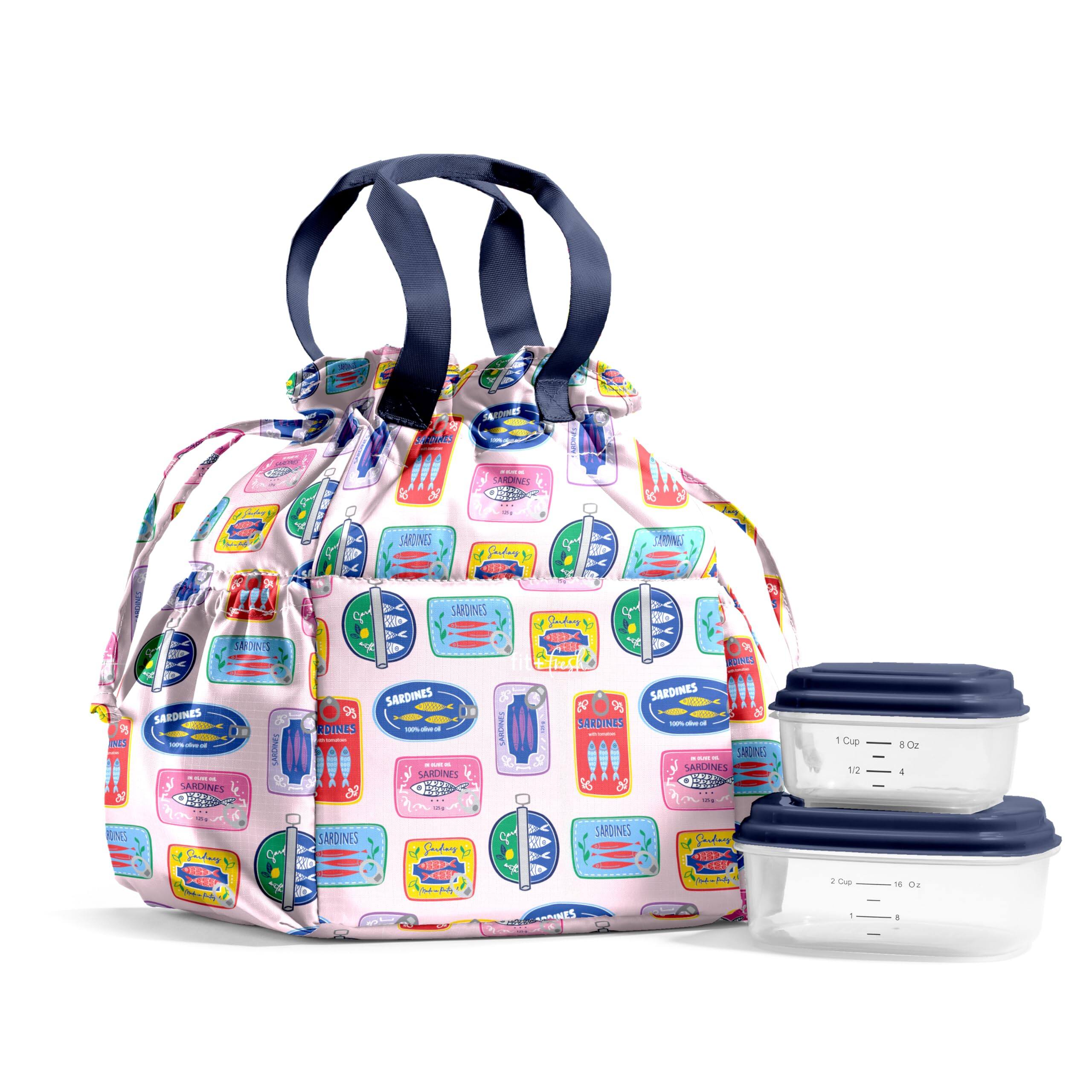 Front. Live At Space - Cromwell Drawstring Lunch Bag For Women  Complete Set With 2 Containers Stain resistant Leak resistant To School - Assorted Sardine Cans.