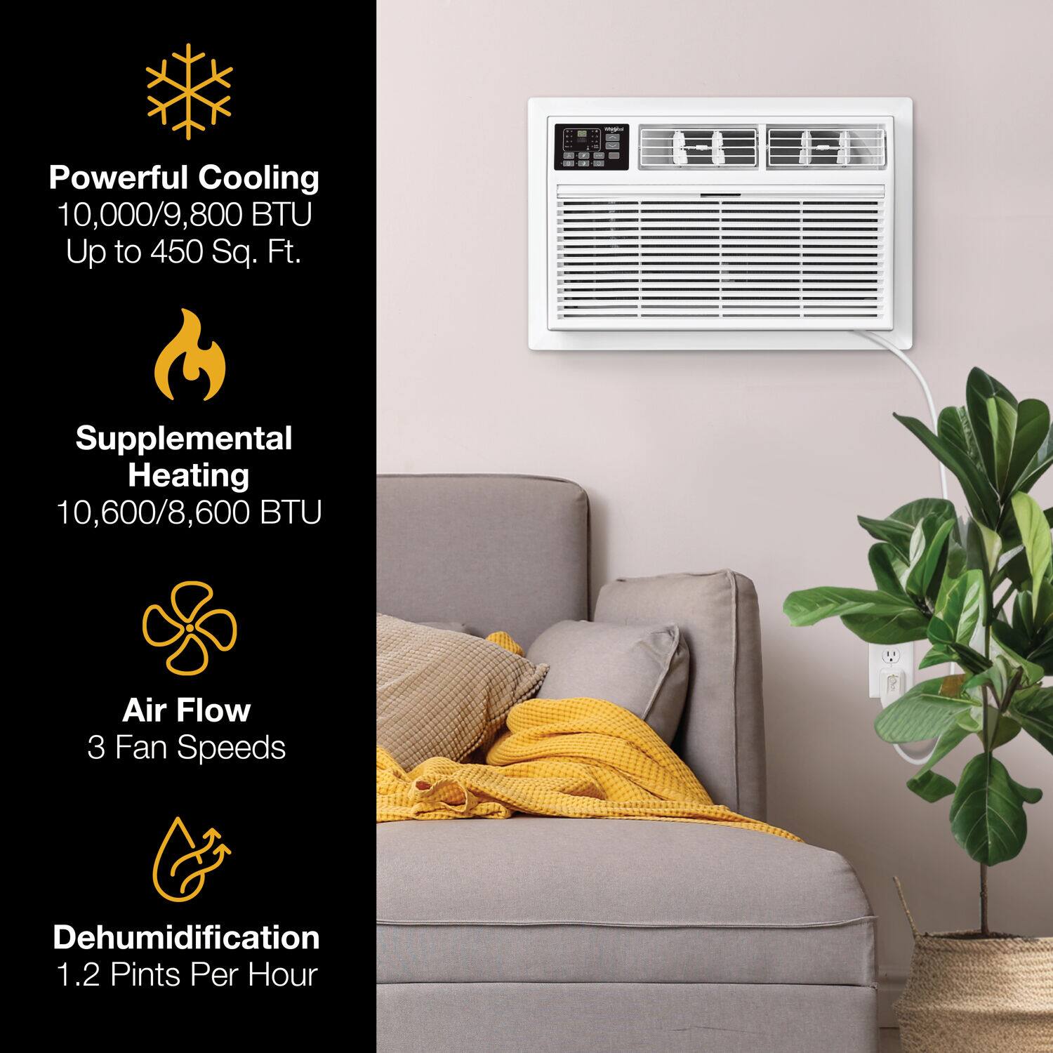 Powerful Cooling  
10,000/9,800 BTU  
Up to 450 Sq. Ft.  

Supplemental Heating  
10,600/8,600 BTU  

Air Flow  
3 Fan Speeds  

Dehumidification  
1.2 Pints Per Hour