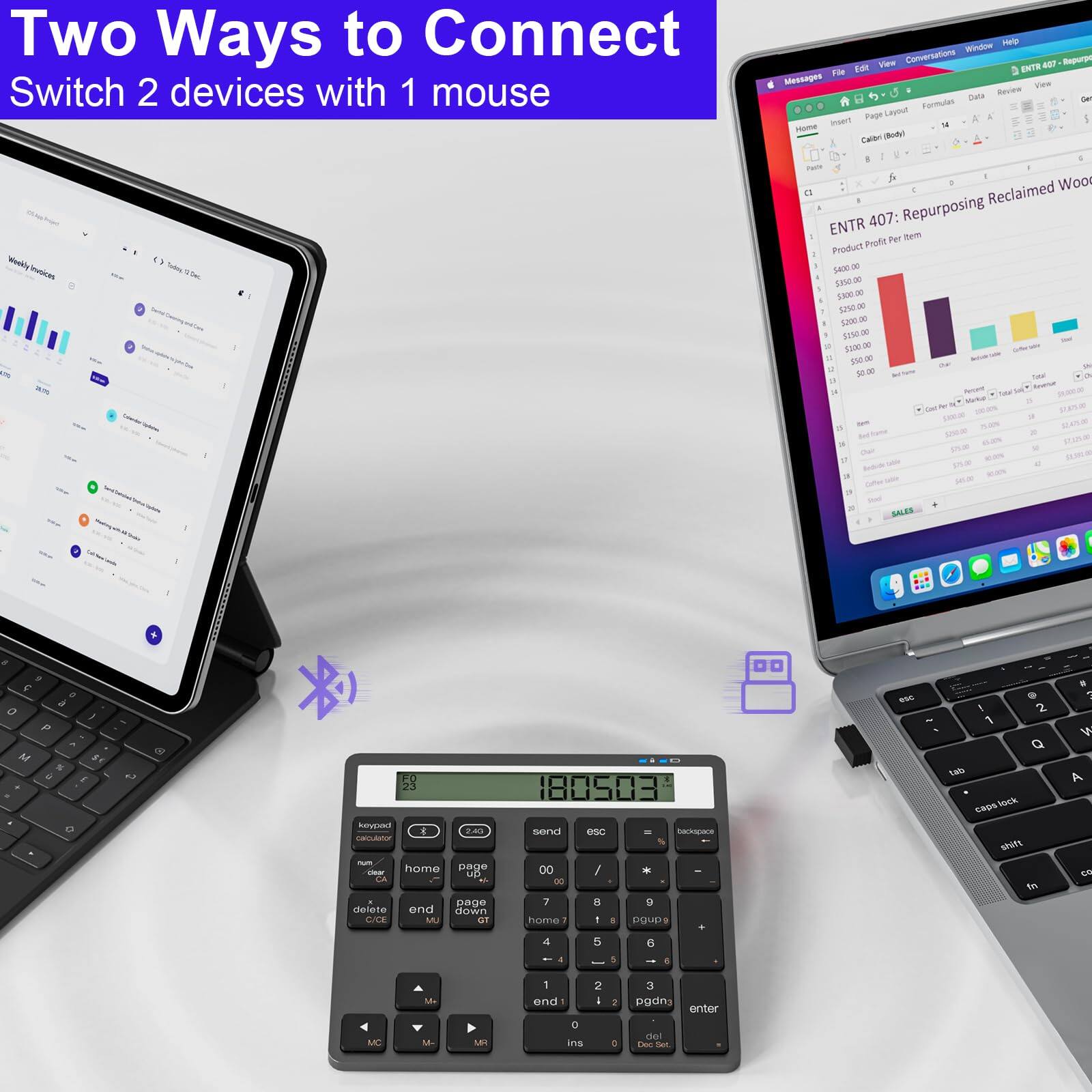 Two Ways to Connect  
Switch 2 devices with 1 mouse  

ENTR 407: Repurposing Reclaimed Wood  
Product Profit Per Item  
$40.00  
$55.00  
$32.00  
$10.00  
$10.00  

Weekly Invoices  
[Bar chart and other details]  

[Calculator showing 180503]