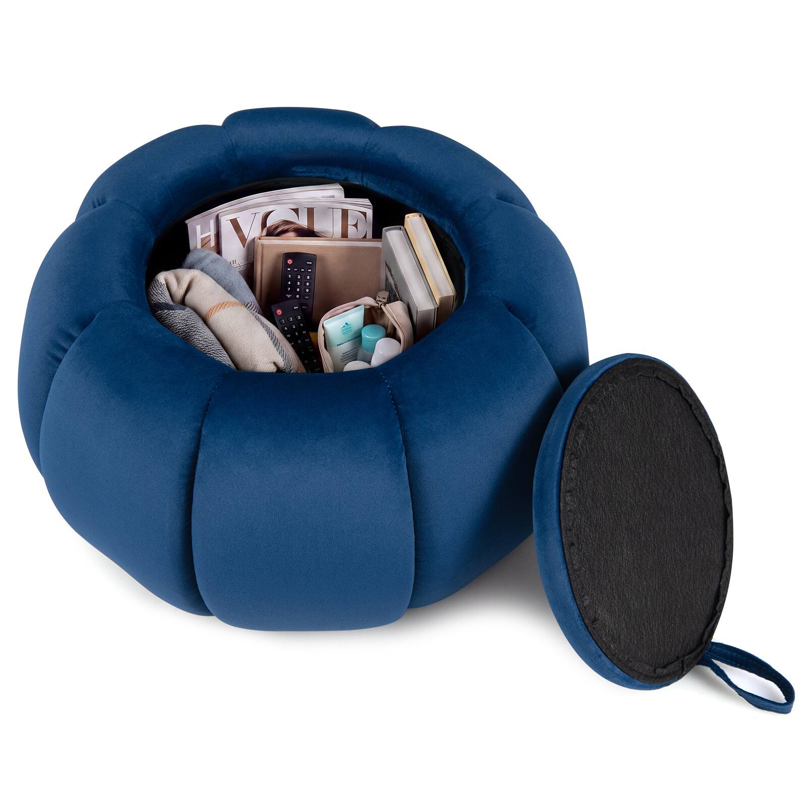 Front. Costway - Costway Pumpkin Ottoman with Hidden Storage Removable Lid Velvet Fabric Anti-slip Foot Pads - Blue.