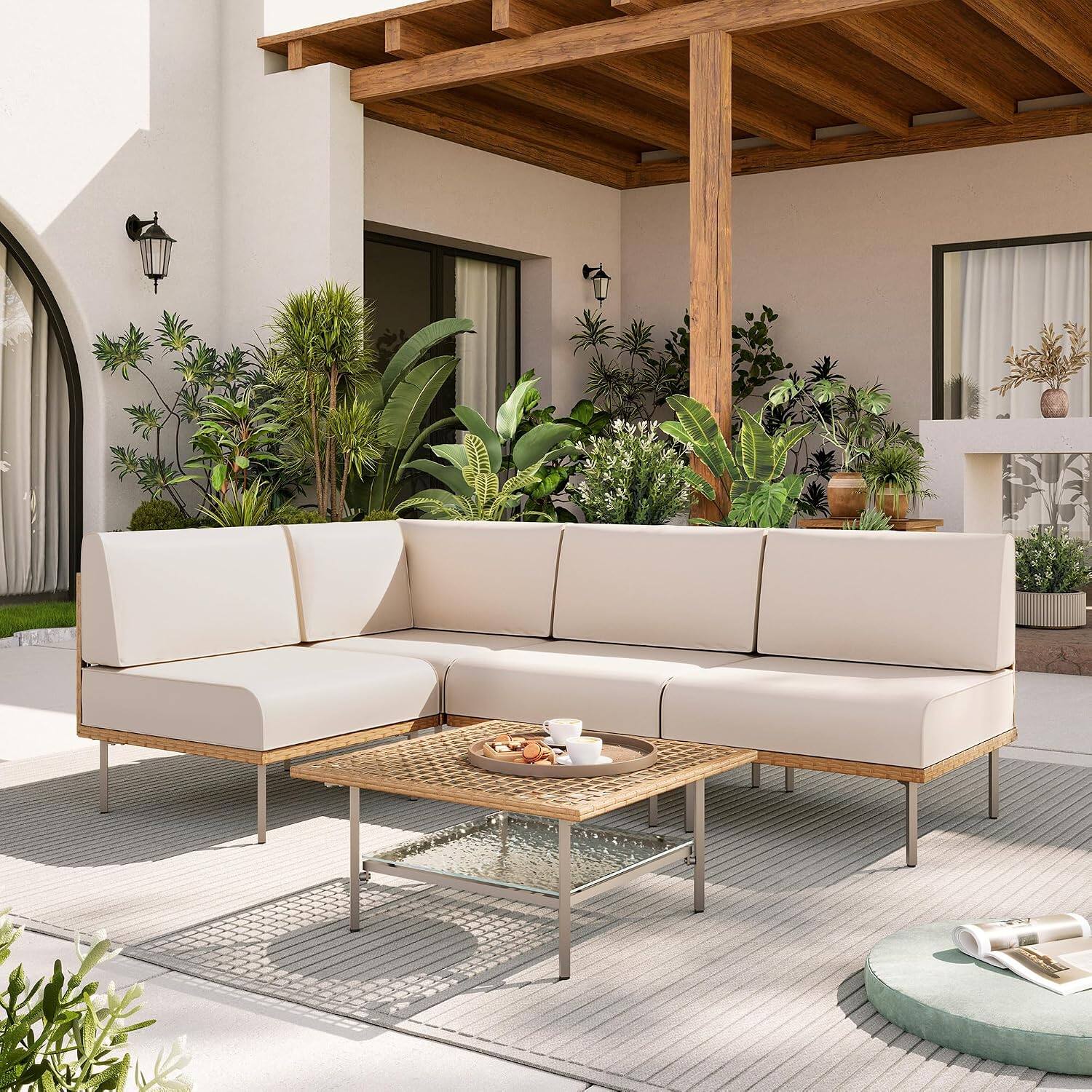Angle. Yardgrace - 5 Piece Outdoor Patio Furniture Set  Wicker Outdoor Conversation Set PE Rattan Sectional Sofa - Beige.