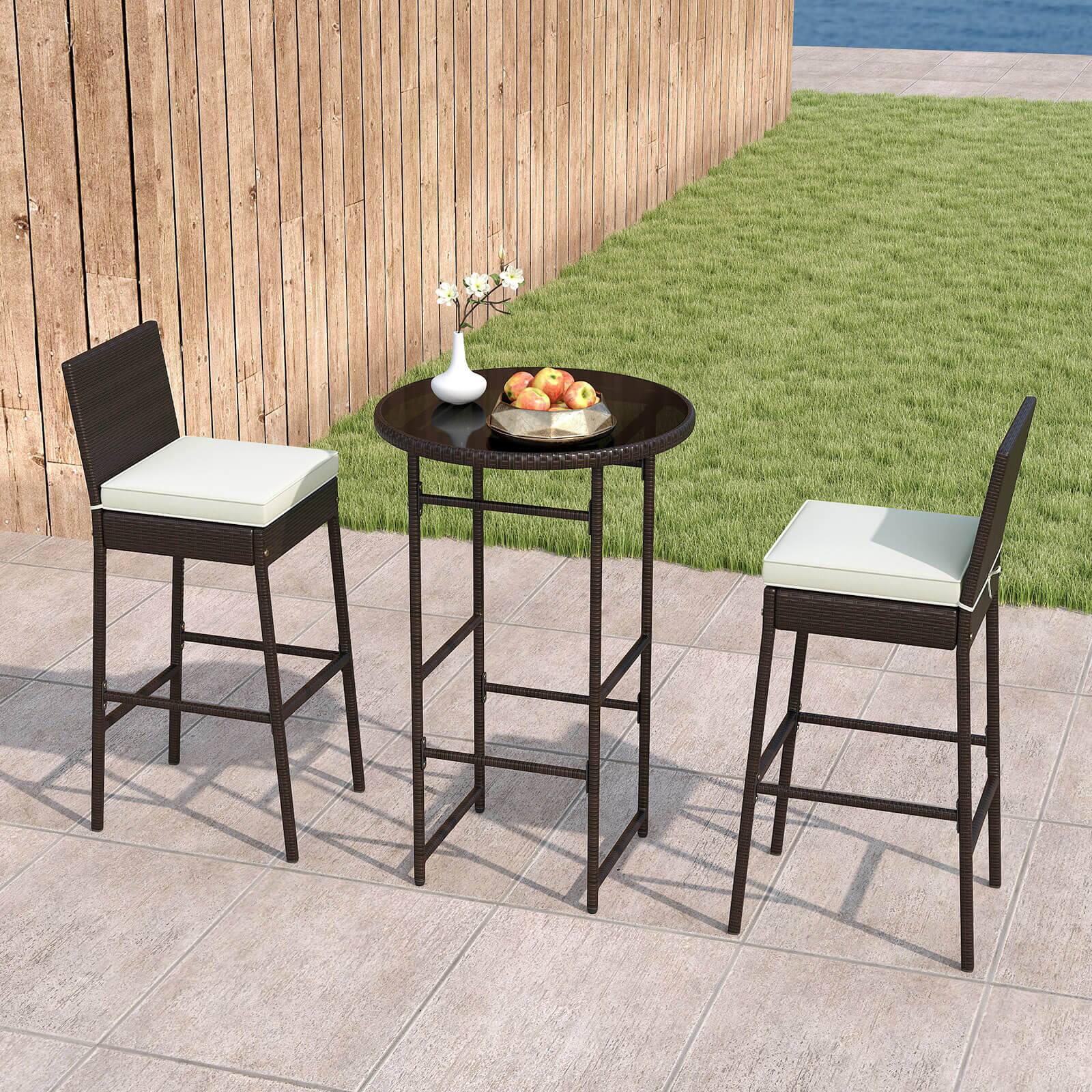 Alt View 3. Costway - Costway 3 Piece Outdoor Bar Set Patio Rattan Bar Height Table & Chairs with  Glass Tabletop - Mix Brown,Off White.