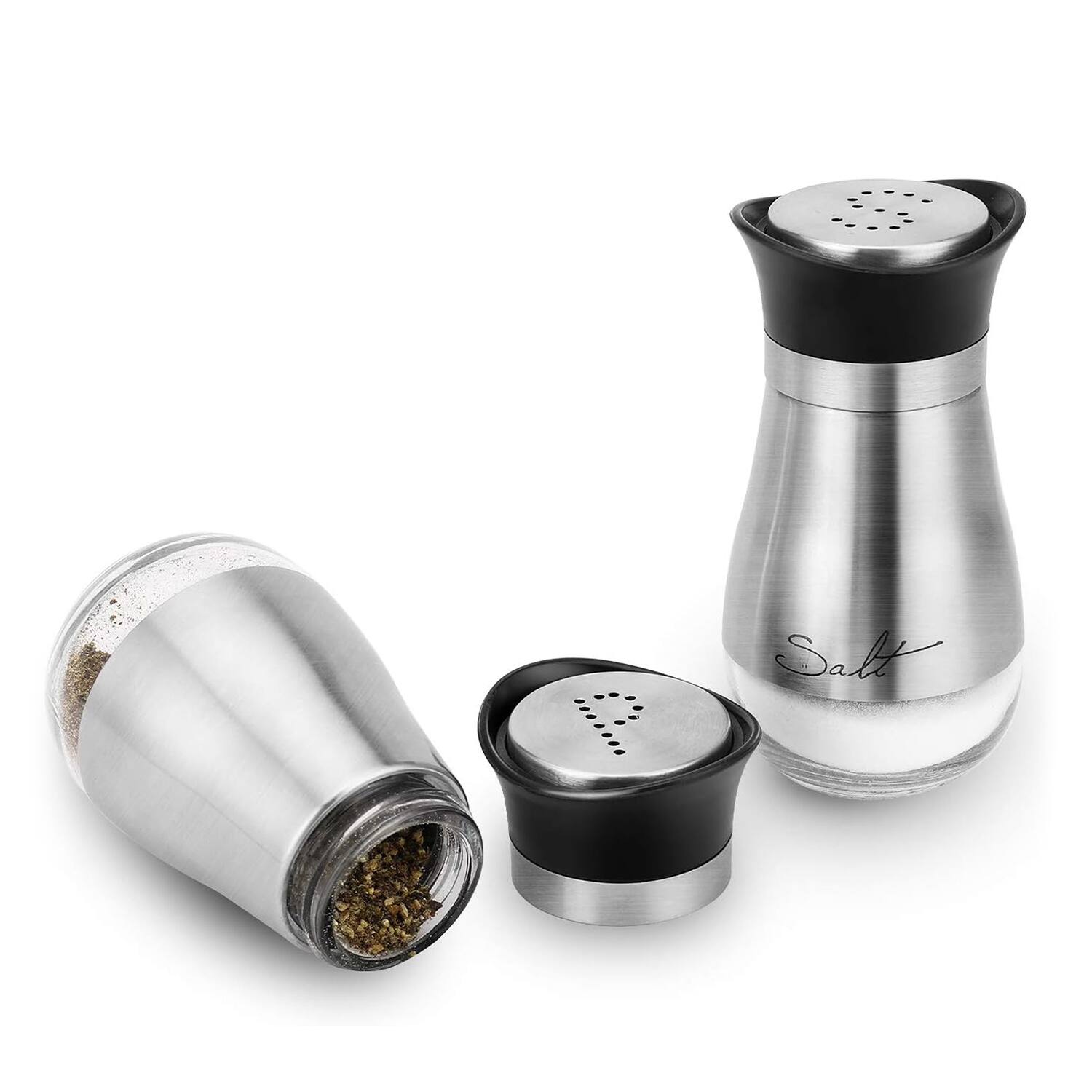 Left. Jay Import - Cafe Contempo Silver And Glass 2Pc Salt & Pepper Set 4.42OZ. Each - Silver.