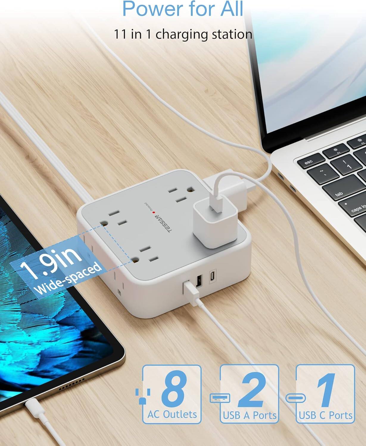 Power for All  
11 in 1 charging station  
1.9in Wide-spaced  
8 AC Outlets  
2 USB A Ports  
1 USB C Port