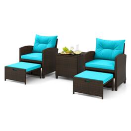 Costway - 5 PCS Patio Rattan Furniture with 2 Wicker Ottomans & Tempered Glass Coffee Table - Mix Brown + Turquoise