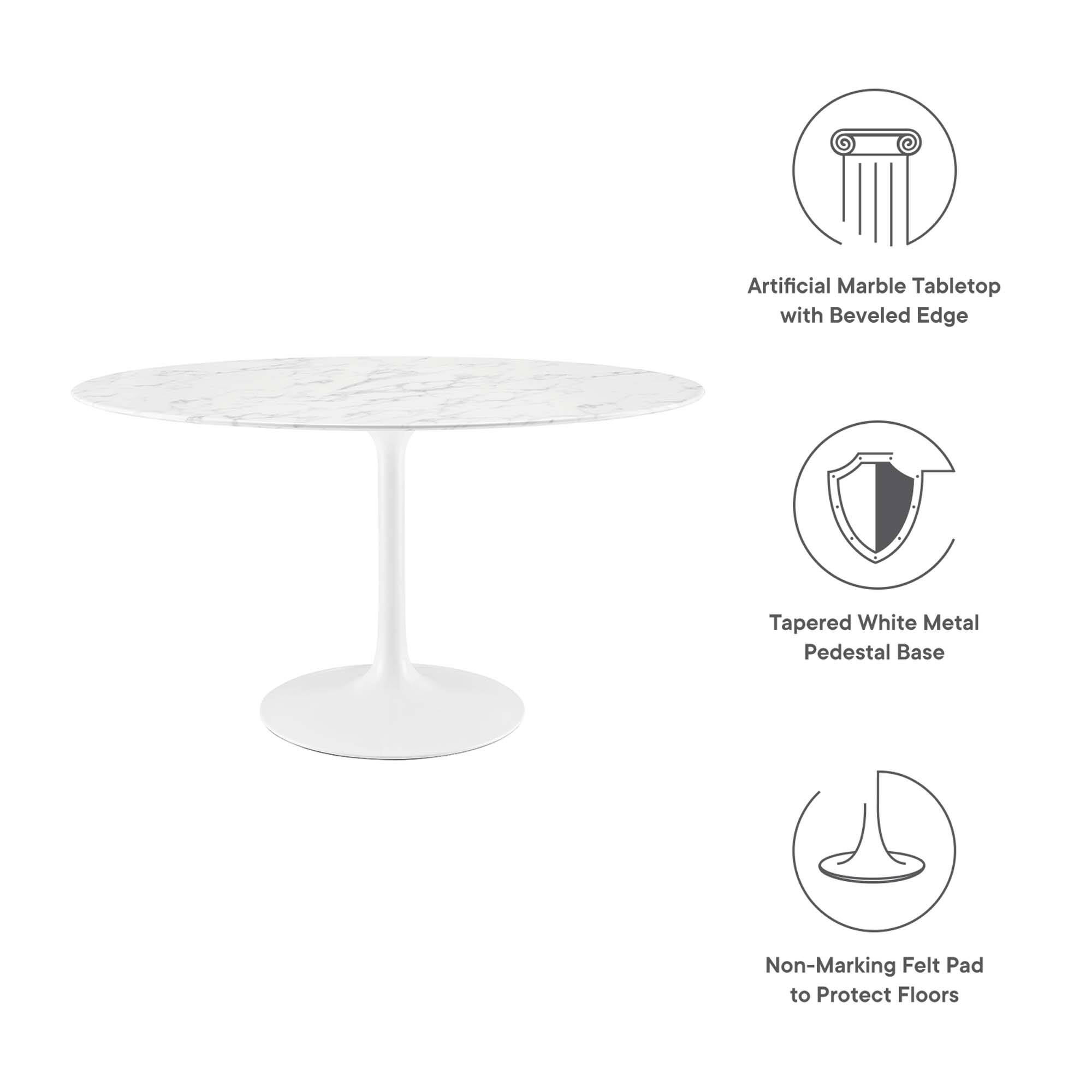 Artificial Marble Tabletop with Beveled Edge  
Tapered White Metal Pedestal Base  
Non-Marking Felt Pad to Protect Floors