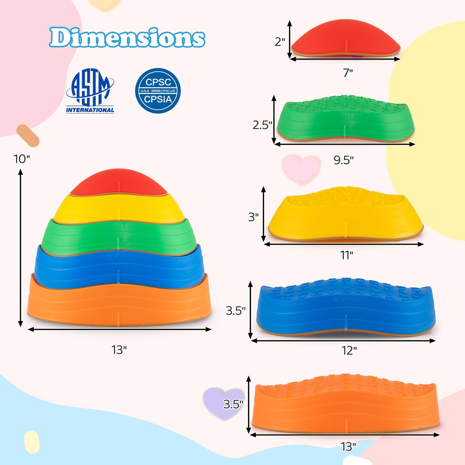 Dimensions

- 2" x 7"
- 2.5" x 9.5"
- 3" x 11"
- 3.5" x 12"
- 3.5" x 13"
- 10" x 13"

ASTM INTERNATIONAL
CPSC USA - WWW.CPSC.GOV
CPSIA
