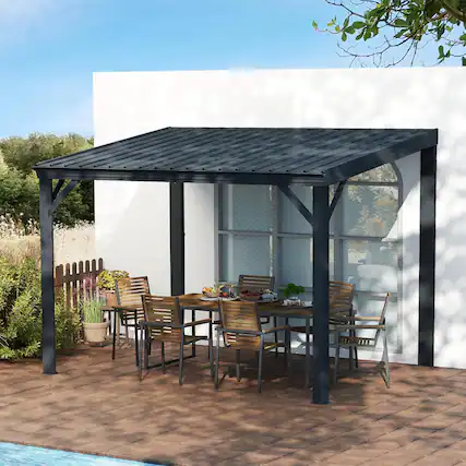 Front. Mondawe - 10x12FT Lean to Gazebo Hardtop,Expandable Wall Mounted Pergola,Gutters & Galvanized Steel Roof - Grey.