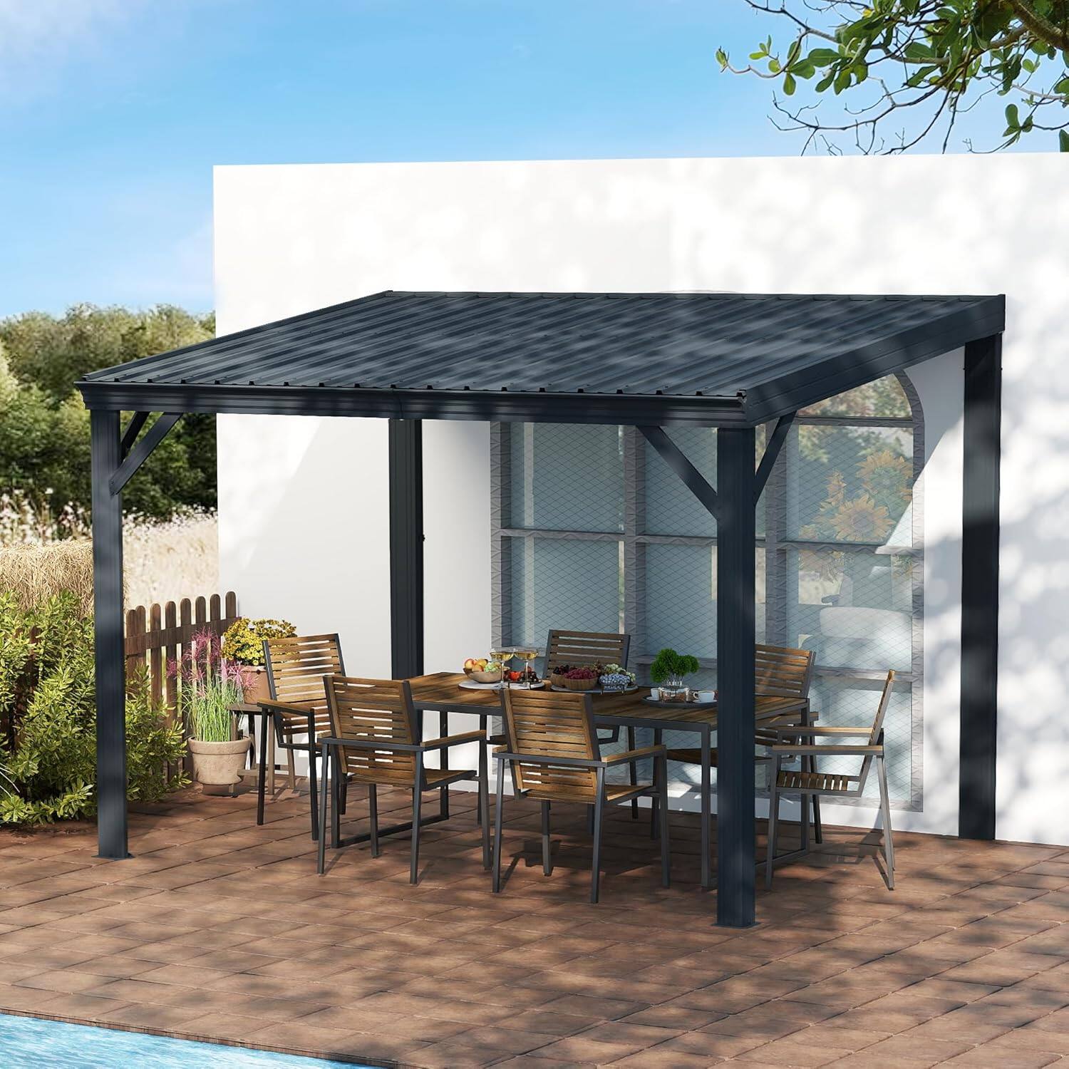 Front. Mondawe - 10x12FT Lean to Gazebo Hardtop，Expandable Wall Mounted Pergola，Gutters & Galvanized Steel Roof - Grey.