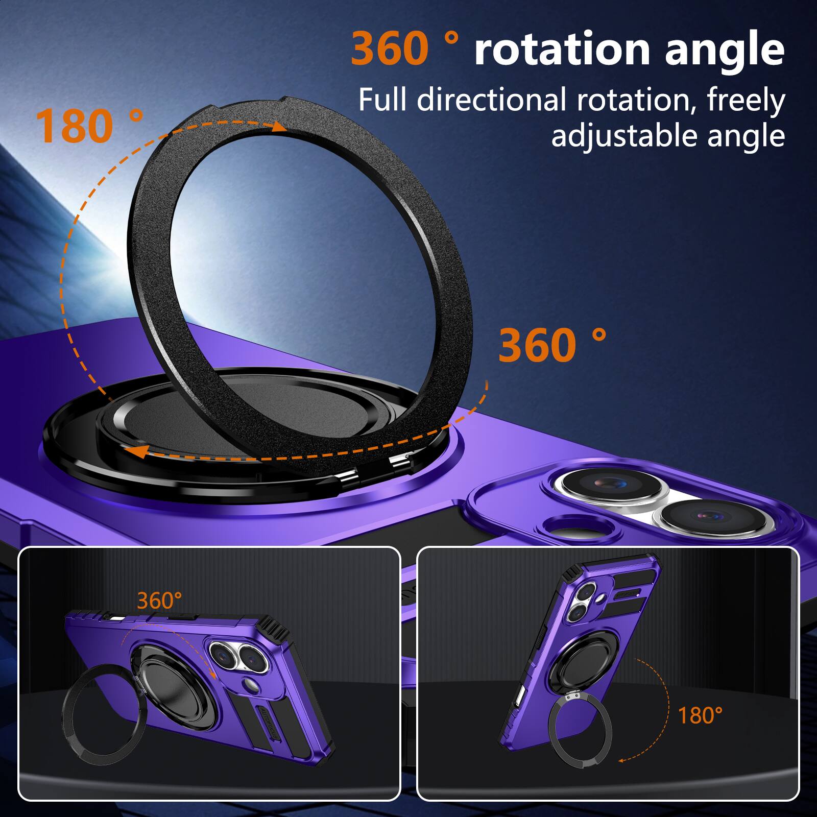 360° rotation angle  
Full directional rotation, freely adjustable angle  

180°  
360°