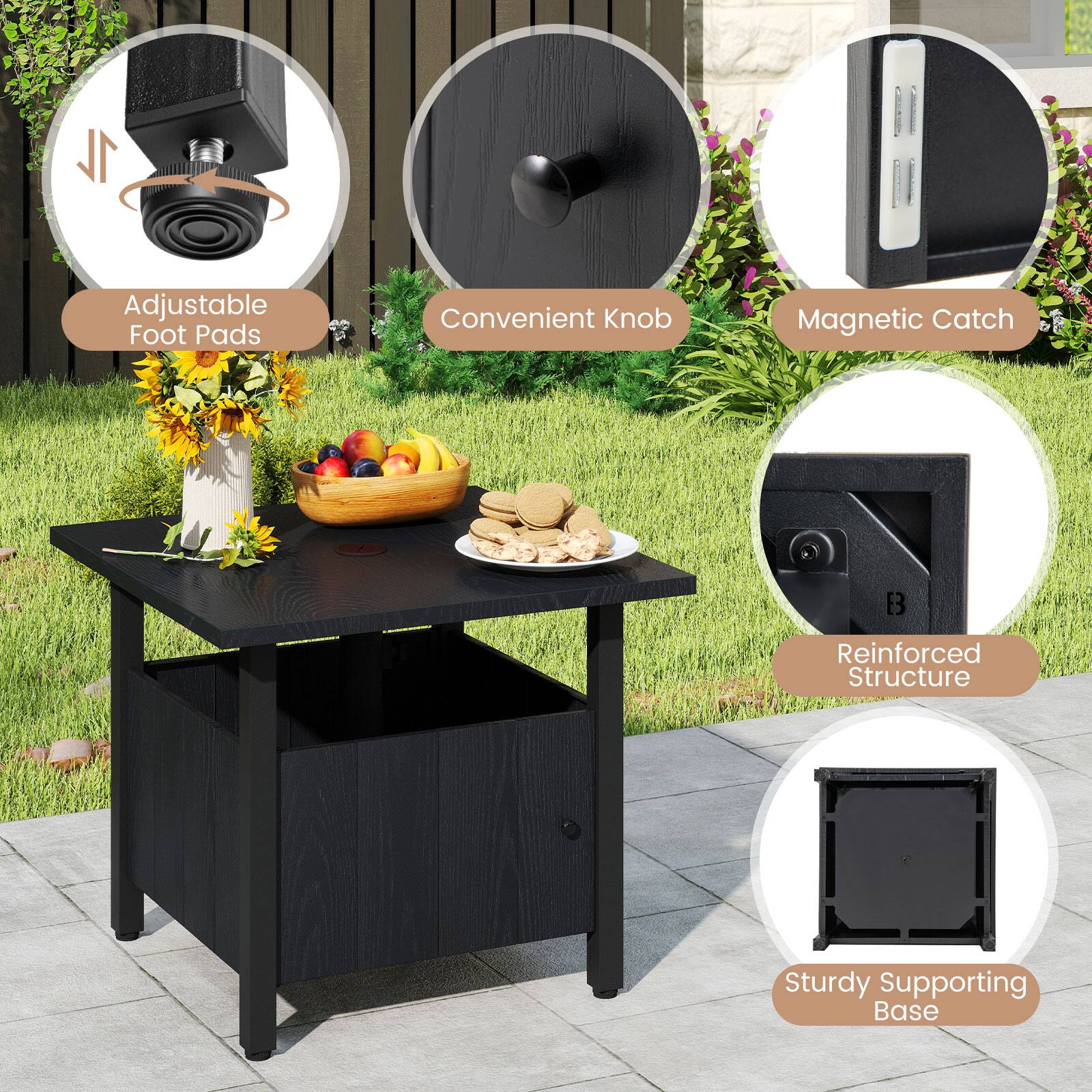 1. Adjustable Foot Pads
2. Convenient Knob
3. Magnetic Catch
4. Reinforced Structure
5. Sturdy Supporting Base