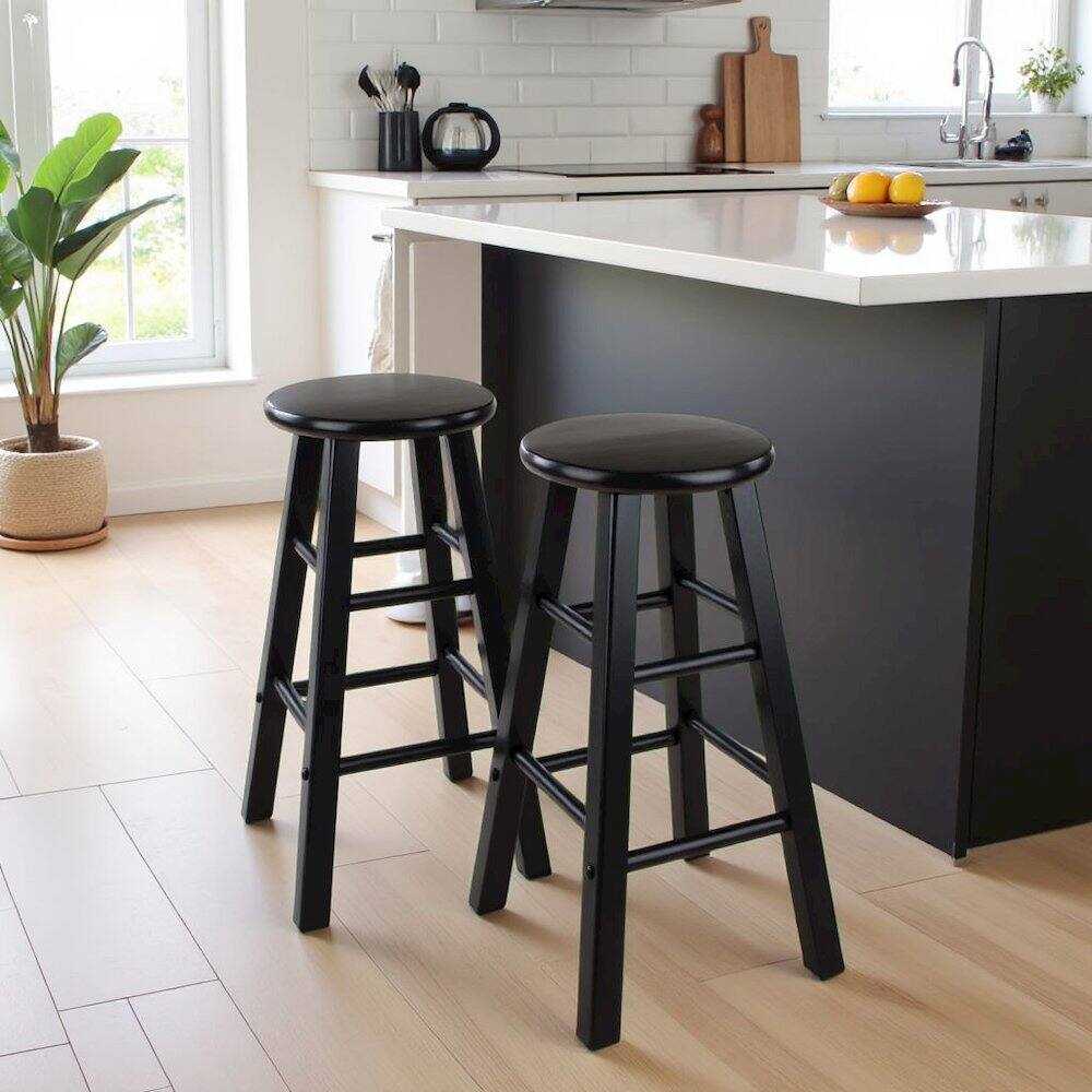 Alt View 2. FurniFact - Black Wooden Barstools – Set of 2 Stools for Kitchen Counter or Bar - Black.