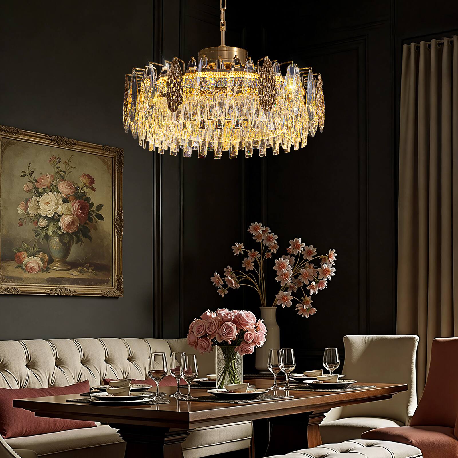 Left. Siljoy - 23.6" Gold K9 Crystal Chandelier, Modern French Dimmable LED Pendant Light for Dining Kitchen Living Room - Gold.