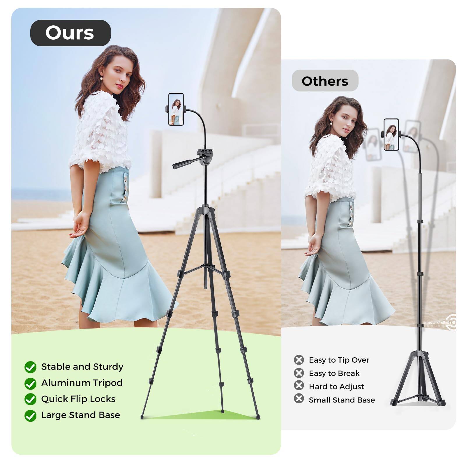 **Ours**

- Stable and Sturdy
- Aluminum Tripod
- Quick Flip Locks
- Large Stand Base

**Others**

- Easy to Tip Over
- Easy to Break
- Hard to Adjust
- Small Stand Base
