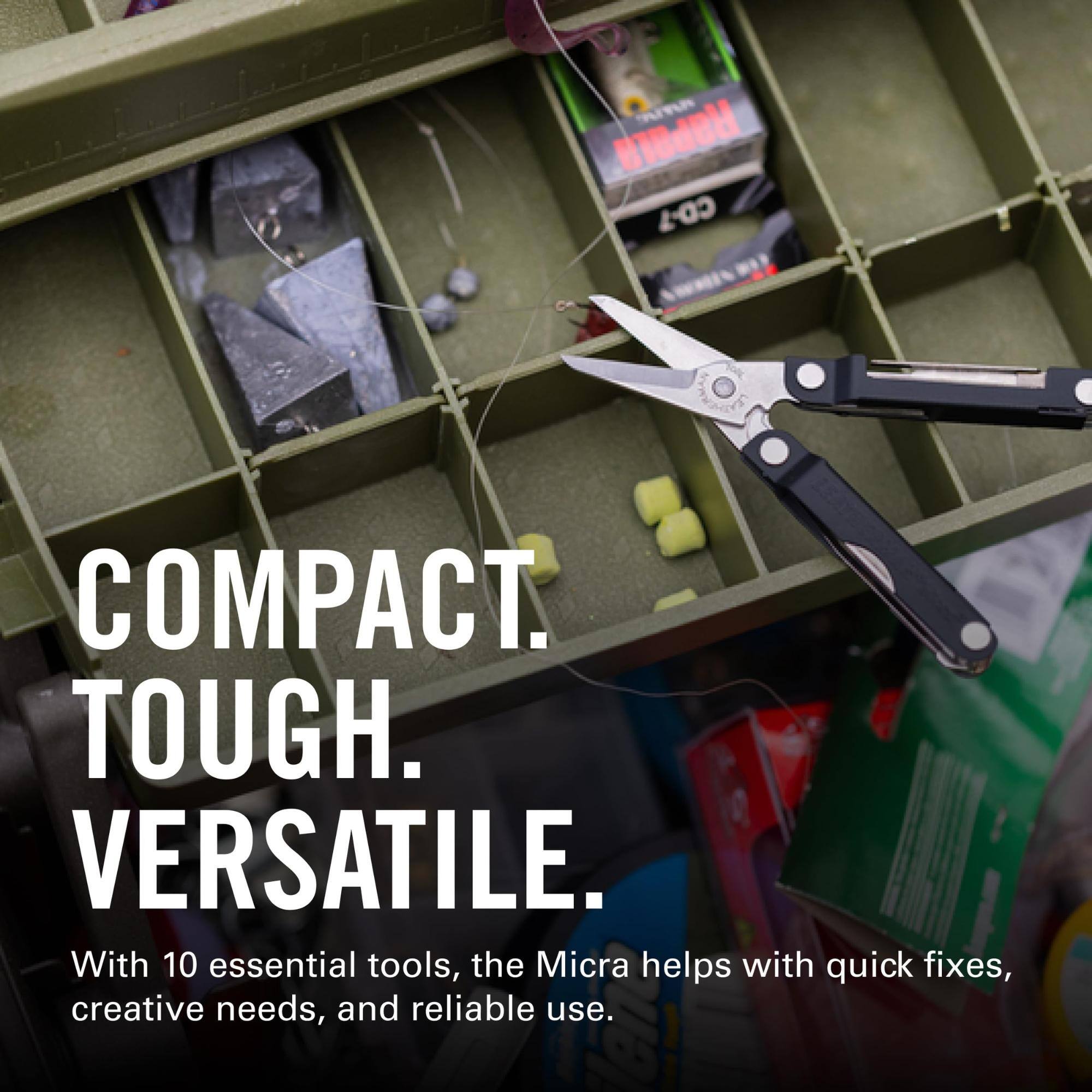 COMPACT. TOUGH. VERSATILE. With 10 essential tools, the Micra helps with quick fixes, creative needs, and reliable use.