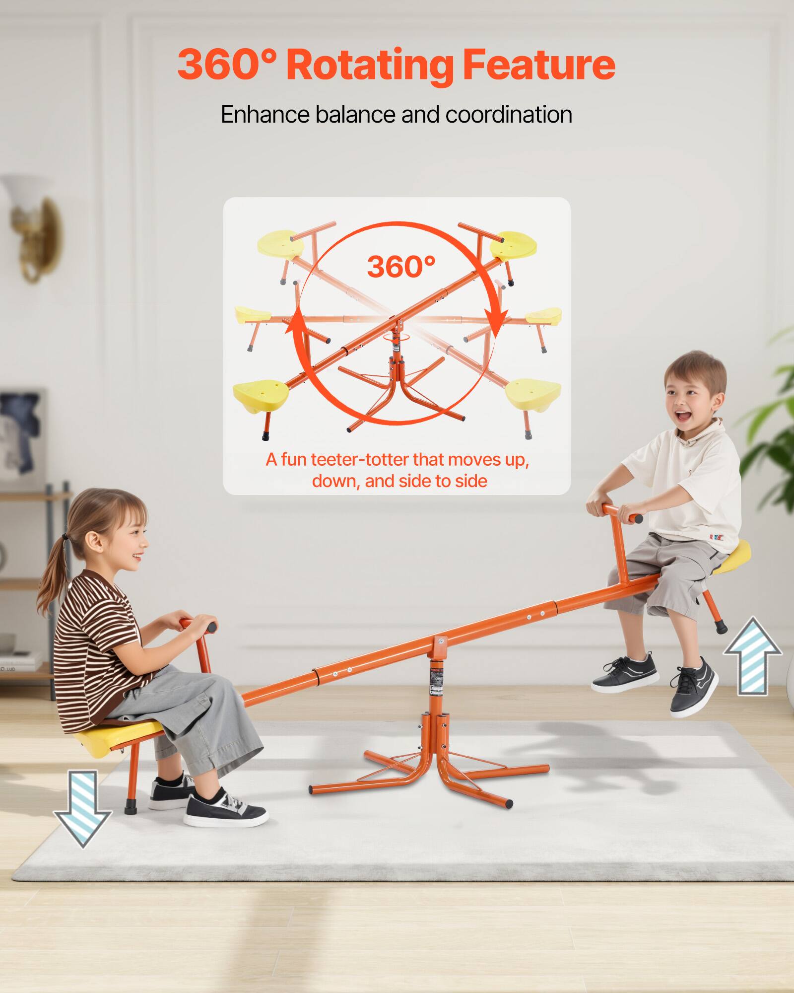 360° Rotating Feature: Enhance balance and coordination. A fun teeter-totter that moves up, down, and side to side.