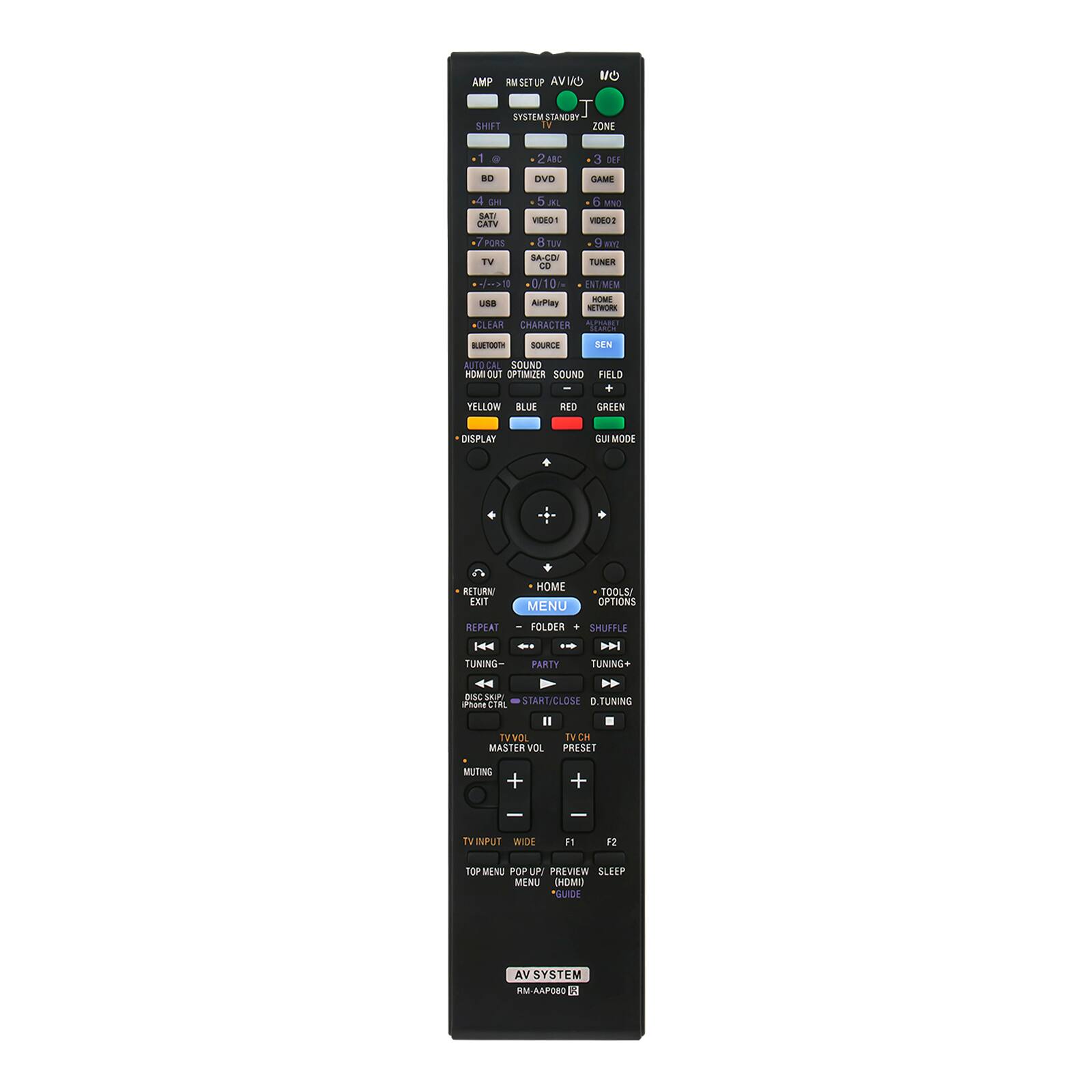 AMP RM SETUP SYSTEM STANDBY J SHIFT TV ZONE

ABC
3 DEF
BD
DVD
GAME
4 GMI SATI CATV
5 XI VIDEO1
6 MNO VIDEO1
PORS TV USB
8 TUV SA-CO CD 0/10 AirPlay
9 TUNER ENT/MEM HOME NETWORK

*CLEAR CHARACTER ALPHABET SEARCH

SOURCE
SEN
AUTO CAL SOUND HOMIOUT OPTIMIZER SOUND FIELD +
YELLOW BLUE
REO
GREEN
DISPLAY
MODE
RETURN EXIT
HOME MENU
TOOLS/ OPTIONS
REPEAT TUNING
FOLDER PARTY
SHUFFLE TUNING+
DSC SKIP START/CLOSE Phone CTRL : TUNING
TVO TV CH MASTER VOL PRESET
MUTING +
+
-
-
TV INPUT WIDE
F1
F2
TOP MENU POP UP/ PREVIEW SLEEP MENU (HDMI) "GUIDE

AV SYSTEM RM-AAP080