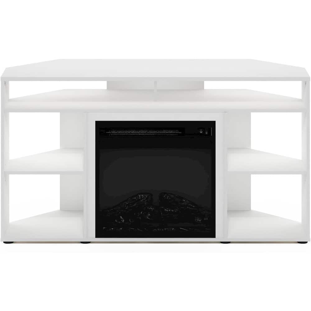 FurniFact - TV Stand with Fireplace Insert and Six Open Shelves for 55 Inch Displays - White