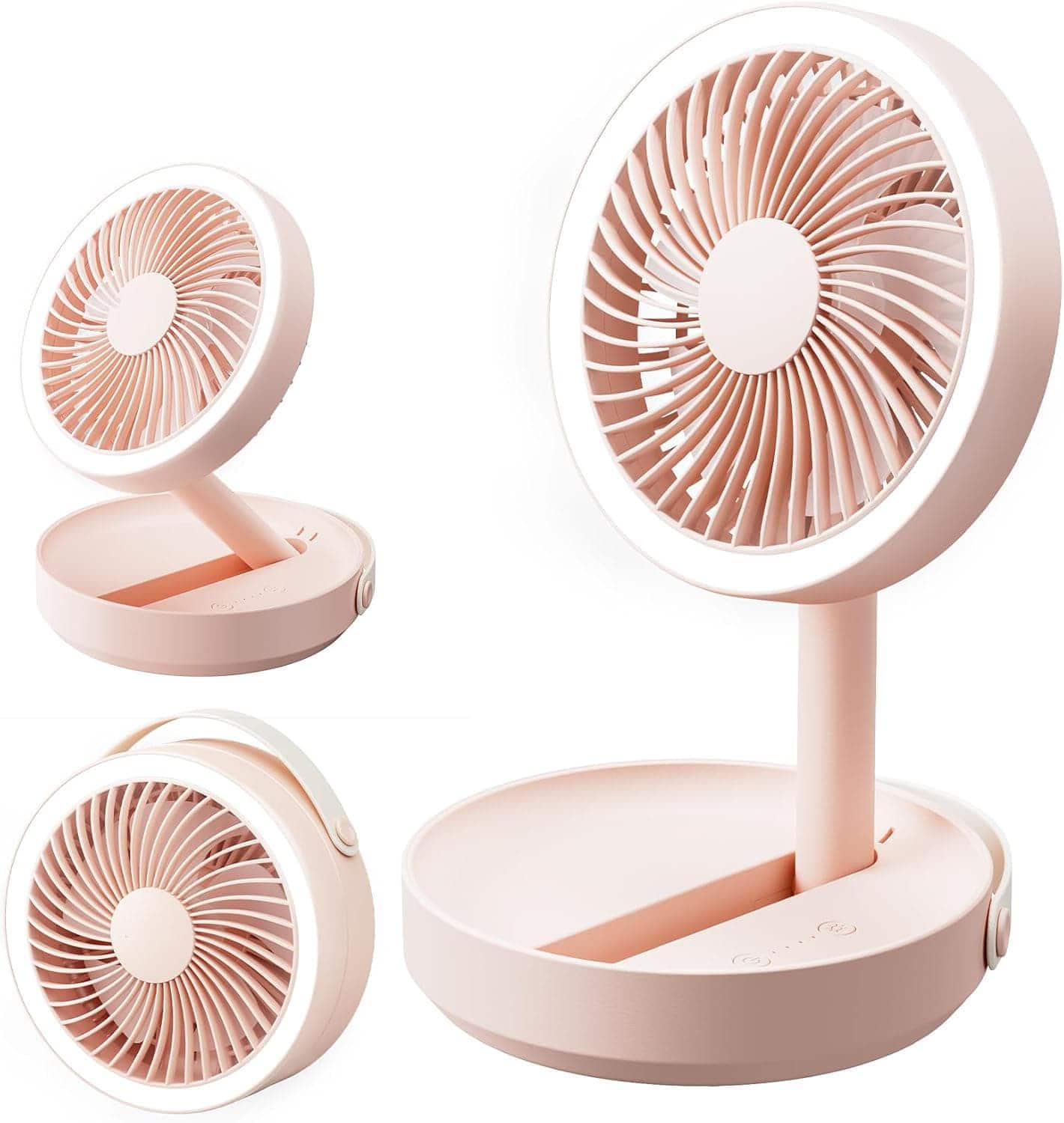 FINEAK - 6000mAh Foldable LED Desk Fan, USB Rechargeable Portable Fan for Travel Office (Pink)