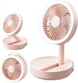 FINEAK - 6000mAh Foldable LED Desk Fan, USB Rechargeable Portable Fan for Travel Office (Pink)