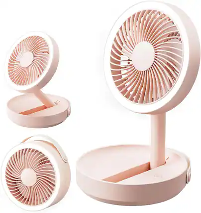 Front. FINEAK - 6000mAh Foldable LED Desk Fan, USB Rechargeable Portable Fan for Travel Office (Pink).