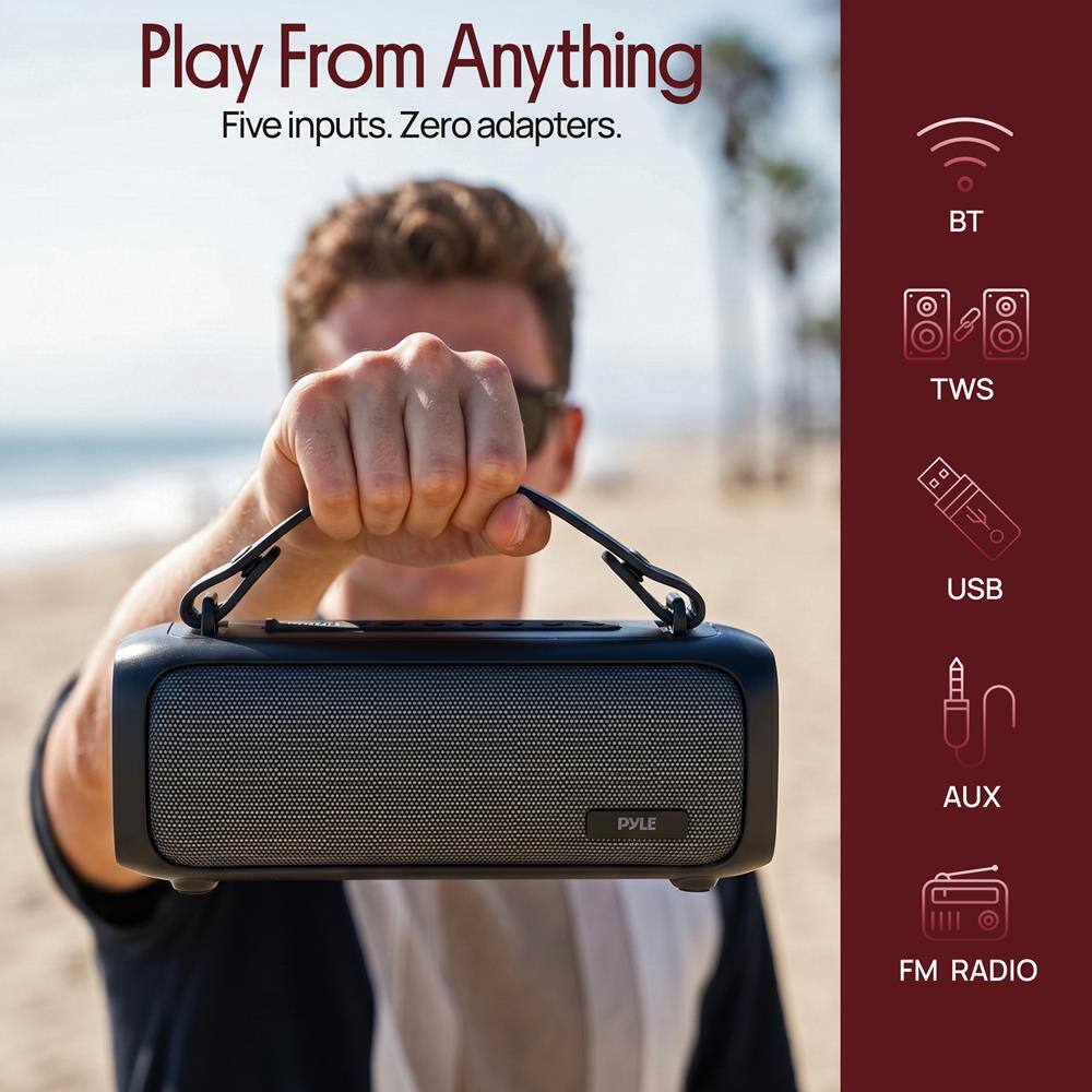 Play From Anything  
Five inputs. Zero adapters.  
BT TWS USB AUX FM RADIO