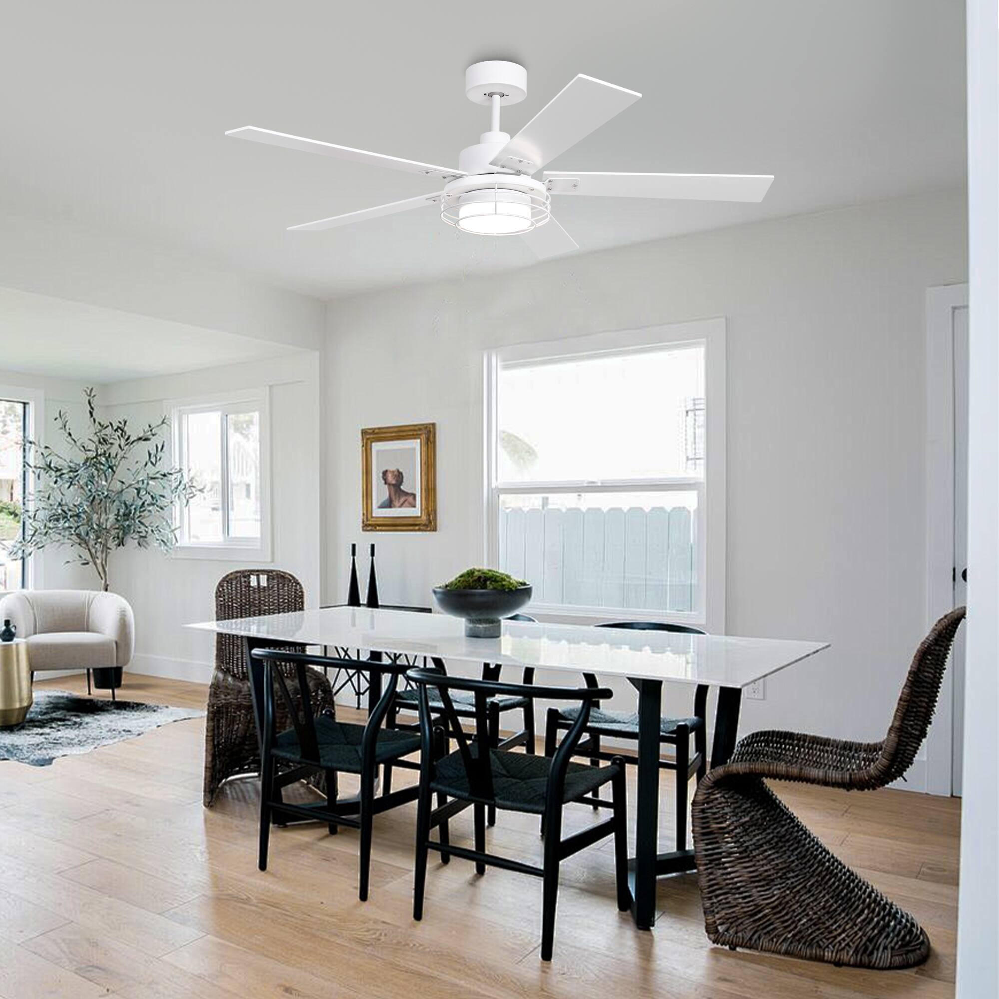 Alt View 1. Parrot Uncle - 52" Industrial White Metal Caged Ceiling Fan with Light and Remote - White.