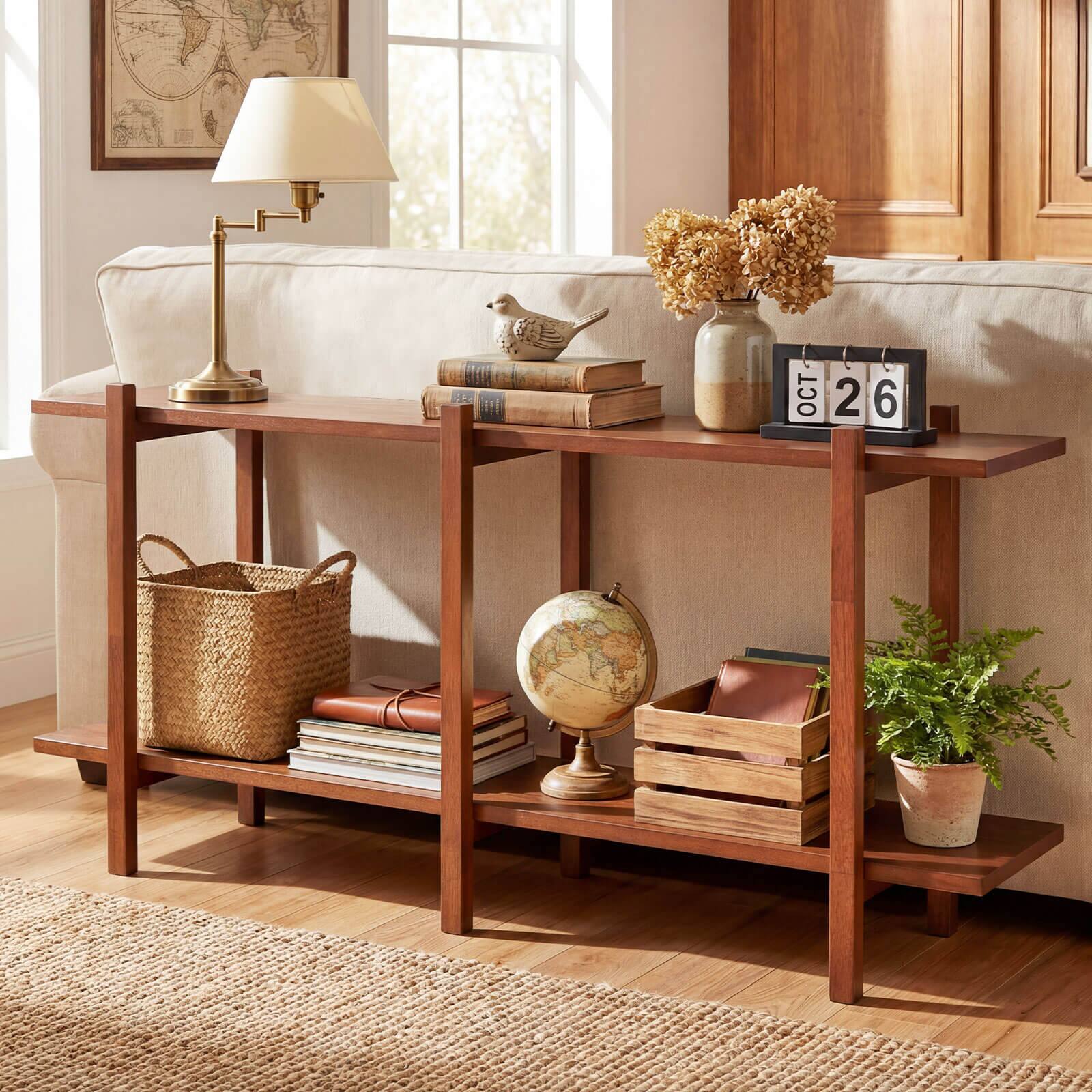 Alt View 3. Costway - Costway 2-Tier Wood Bookshelf, Low Horizontal Rubberwood Bookcase for Storage & Display - Walnut.