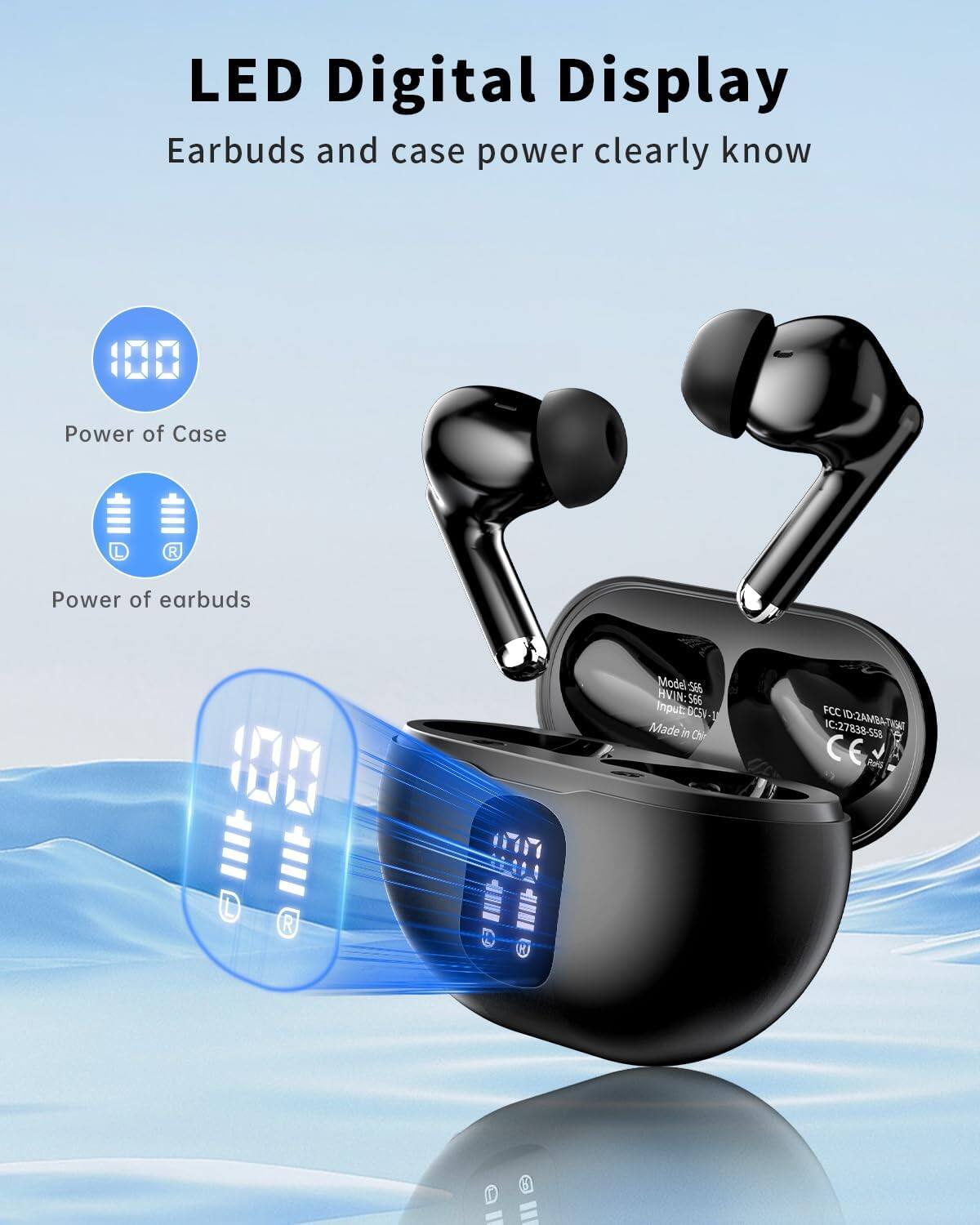 LED Digital Display  
Earbuds and case power clearly know  

Power of Case: 100  
Power of earbuds: 100  

Model: S56  
HVIN: 566  
Input: DCSV-1  
Made in China  

FCC ID: 2AN8A-TG95  
IC: 27838A558  
CE  

SANTABMASCI