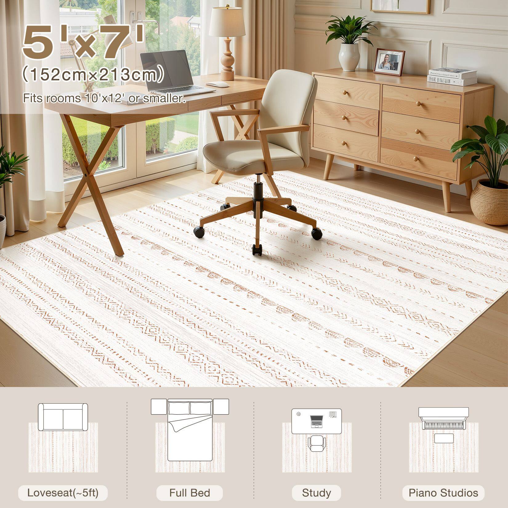 5'x7' (152cmx213cm) Fits rooms 10'x12' or smaller.

Loveseat (~5ft)
Full Bed
Study
Piano Studios