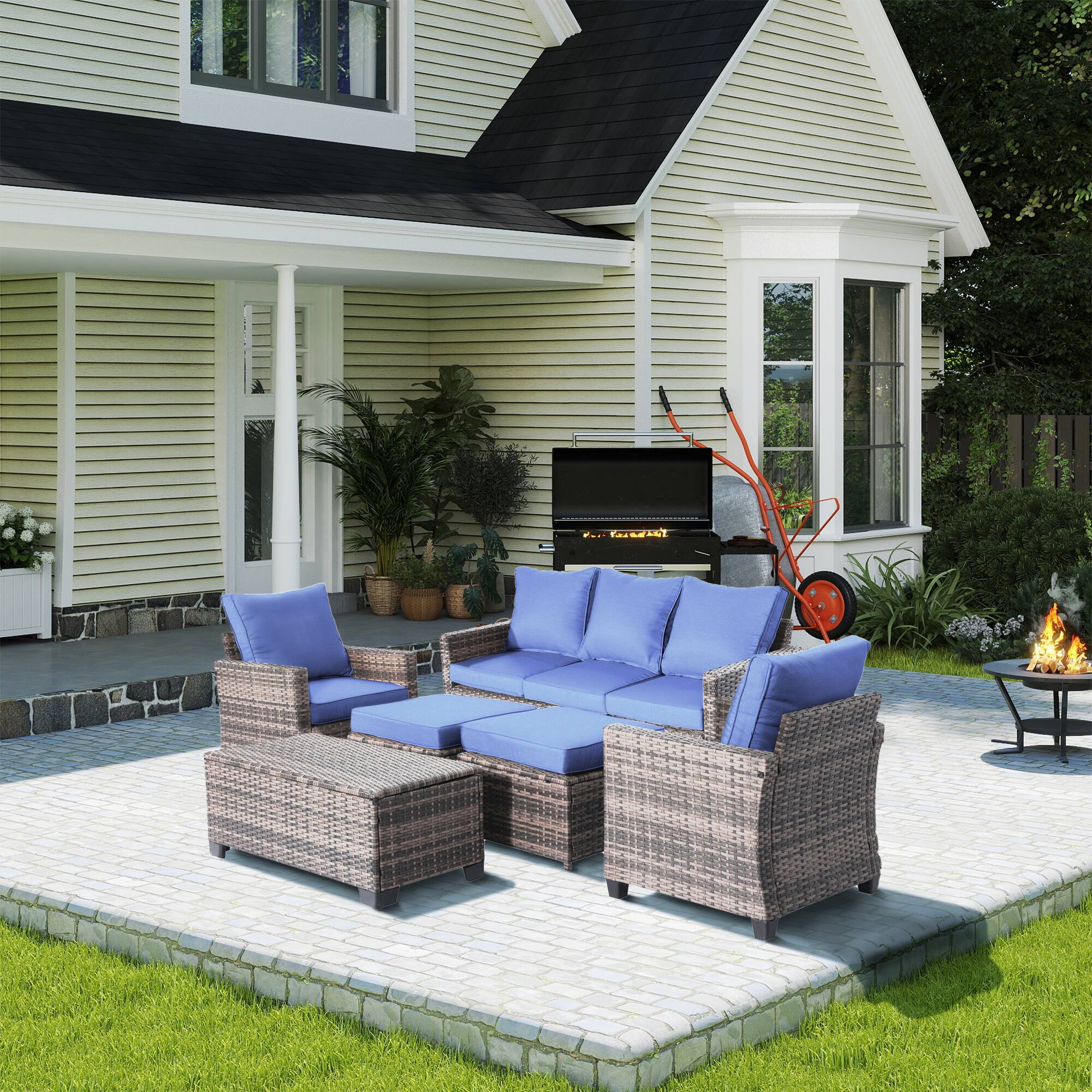 Left. Decksplore - 6-Piece Outdoor Patio Wicker Furniture Set with Storage Coffee Table and Beige Cushions - Navy blue.