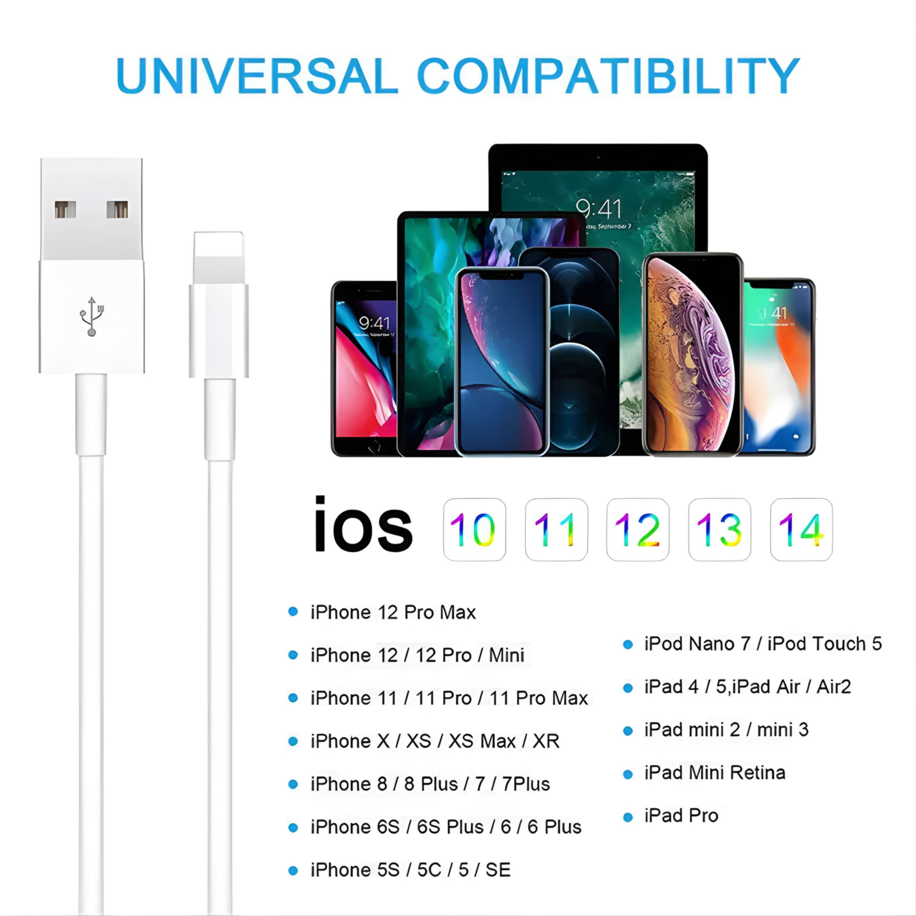 UNIVERSAL COMPATIBILITY

ios 10 11 12 13 14

- iPhone 12 Pro Max
- iPhone 12 / 12 Pro / Mini
- iPhone 11 / 11 Pro / 11 Pro Max
- iPhone X / XS / XS Max / XR
- iPhone 8 / 8 Plus / 7 / 7 Plus
- iPhone 6S / 6S Plus / 6 / 6 Plus
- iPhone 5S / 5C / 5 / SE

- iPod Nano 7 / iPod Touch 5

- iPad 4 / 5, iPad Air / Air2
- iPad mini 2 / mini 3
- iPad Mini Retina
- iPad Pro