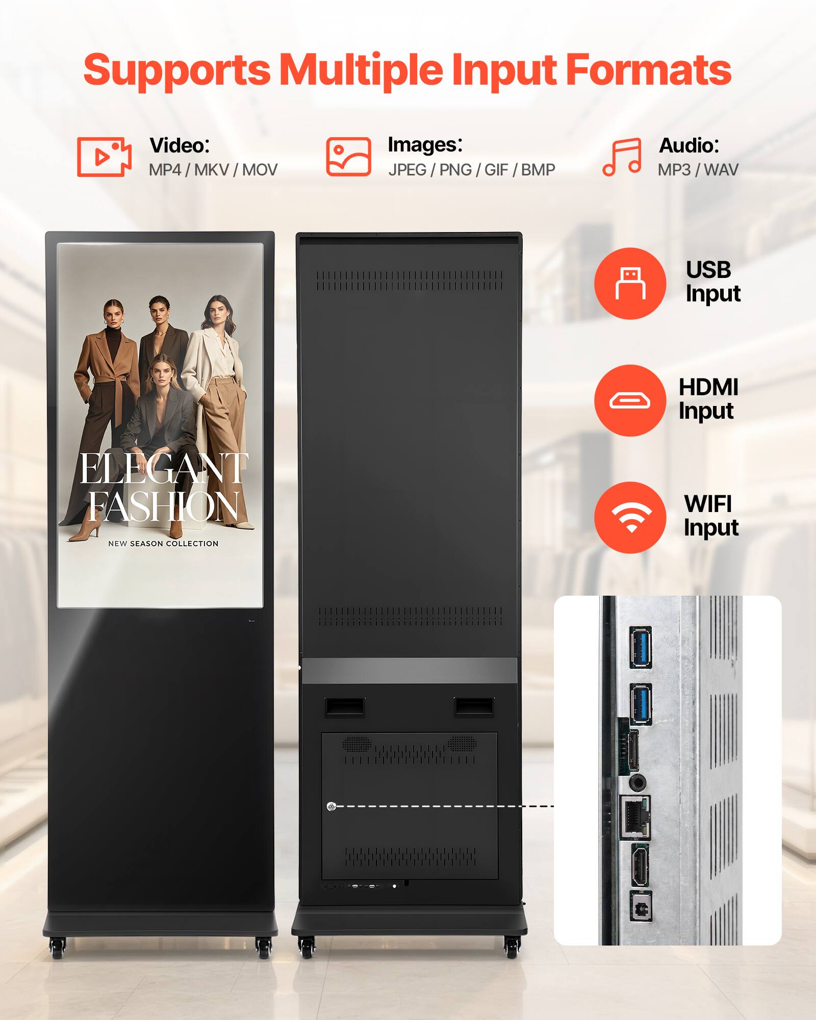 Supports Multiple Input Formats

Video: MP4 / MKV / MOV

Images: JPEG / PNG / GIF / BMP

Audio: MP3 / WAV

USB Input

HDMI Input

WIFI Input