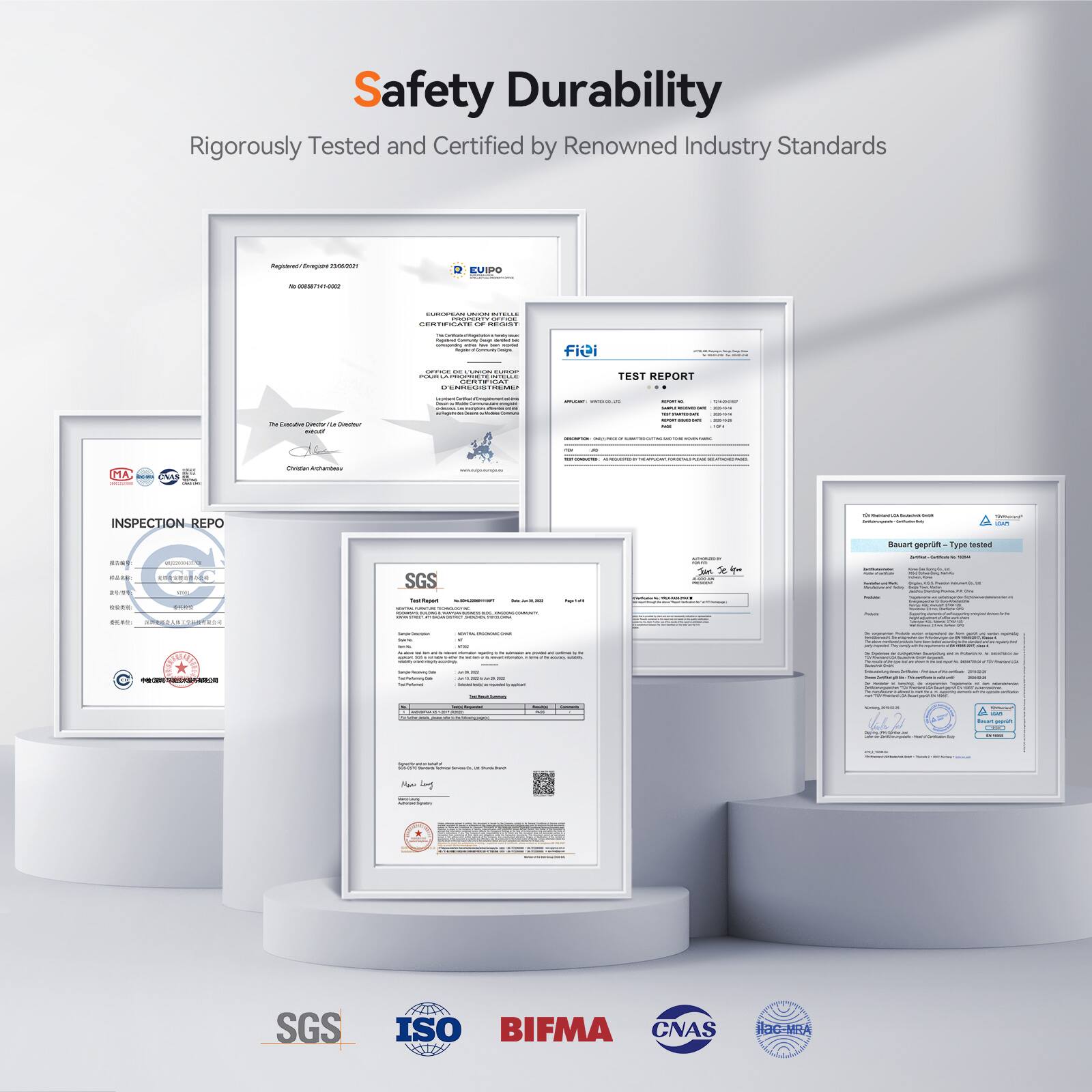 The text on the image is grouped and corrected as follows:
Safety Durability Rigorously Tested and Certified by Renowned Industry Standards
C EUIO - O : | ! n : Fiei E i TEST REPORT - C - - - MA - - INSPECTION-REPO : Bauan peprin yas - - SGS : ... adda I - - .. Co noi_o_ | 2 - : i ~ lg SGS ISO BIFMA CNAS ilac-MA