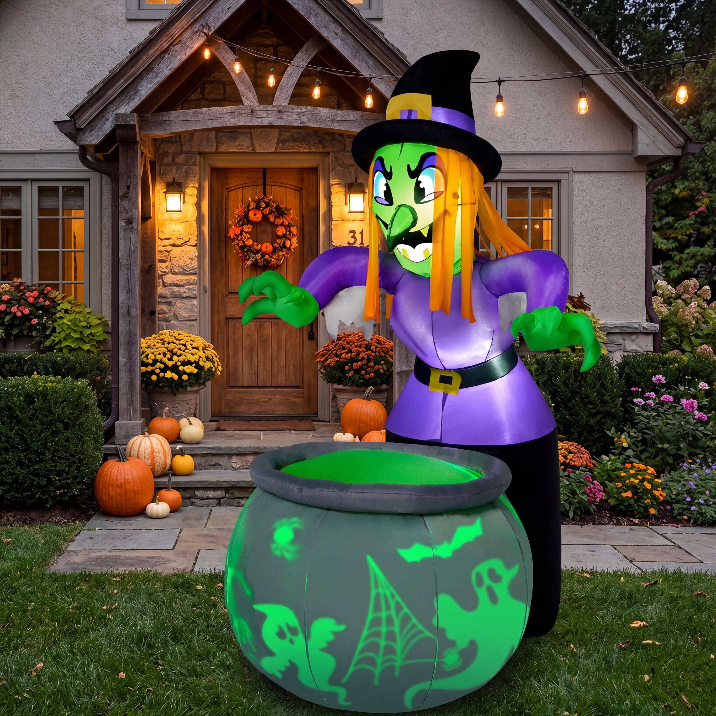 Angle. Joyfy - 6FT Halloween Inflatable Witch & Cauldron with LED Rotating Projection Light for Outdoor Yard Decor - White.